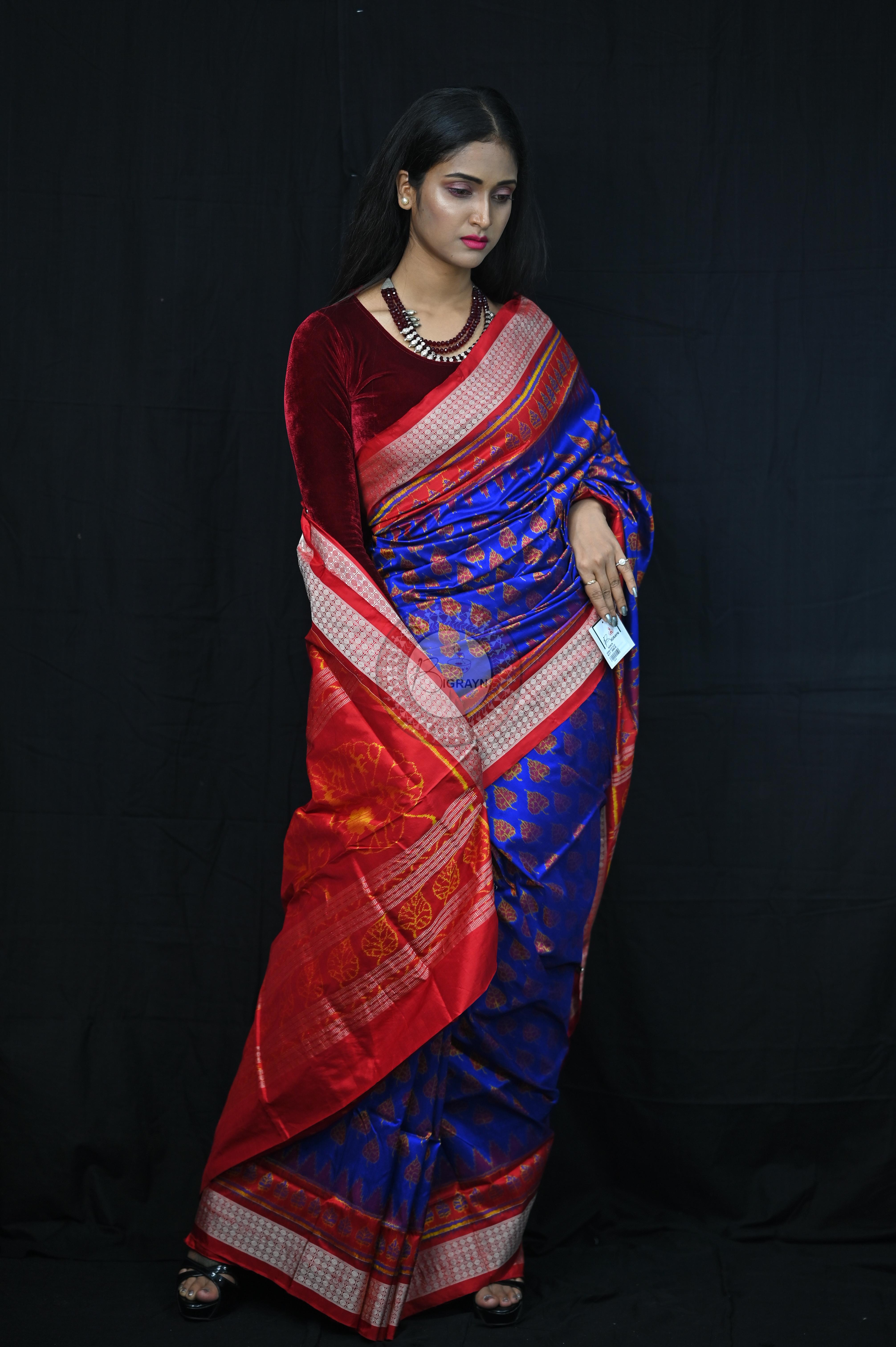 Blue Red Peepal Leaves Sambalpuri Silk Saree