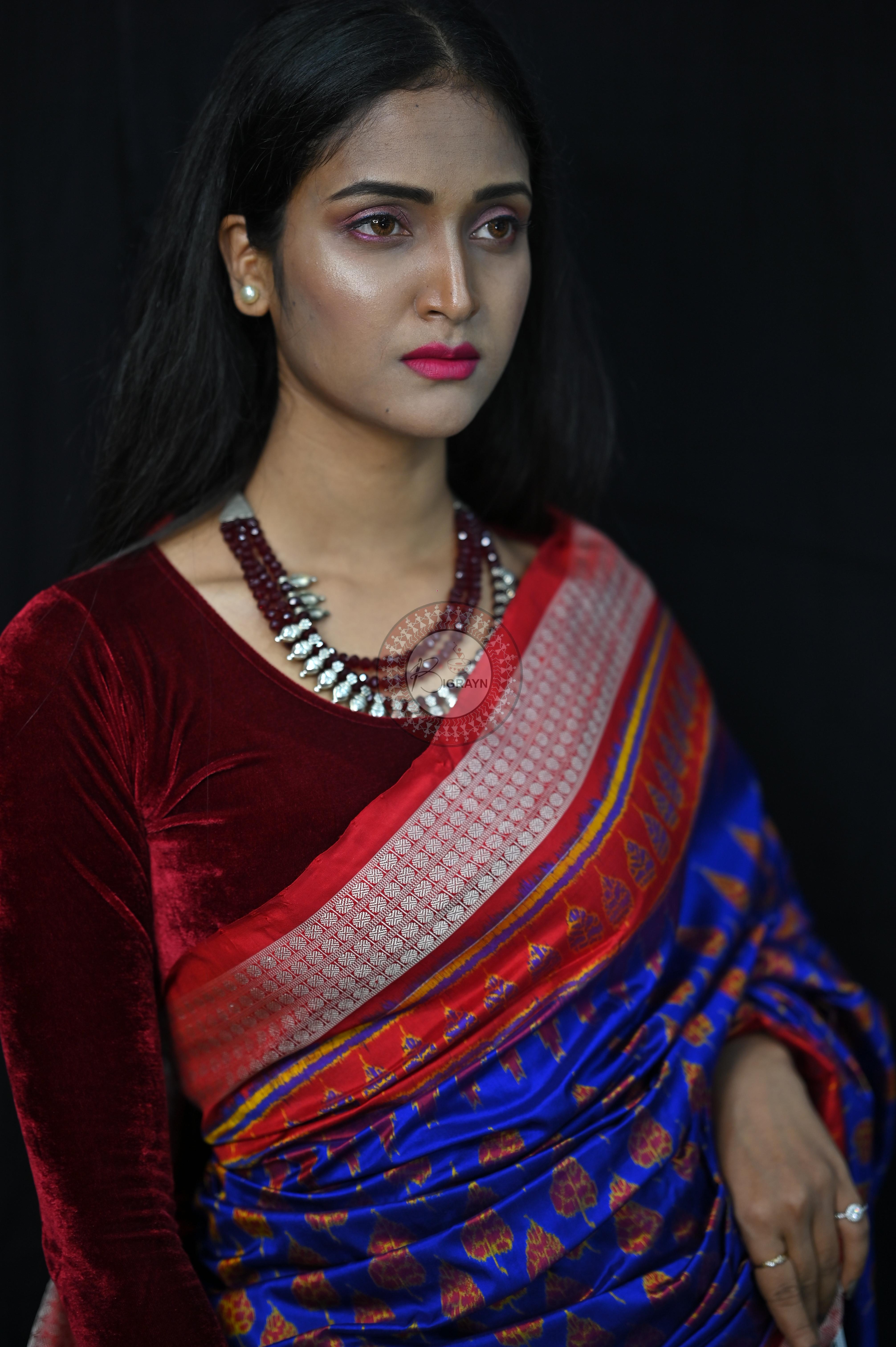 Blue Red Peepal Leaves Sambalpuri Silk Saree