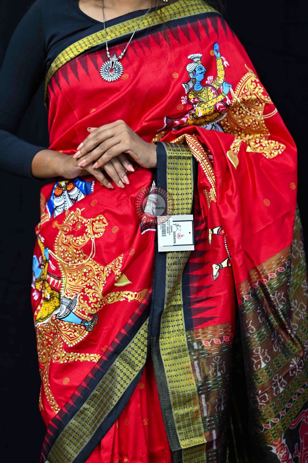 Red Black Palki Theme Pattachitra Silk Saree