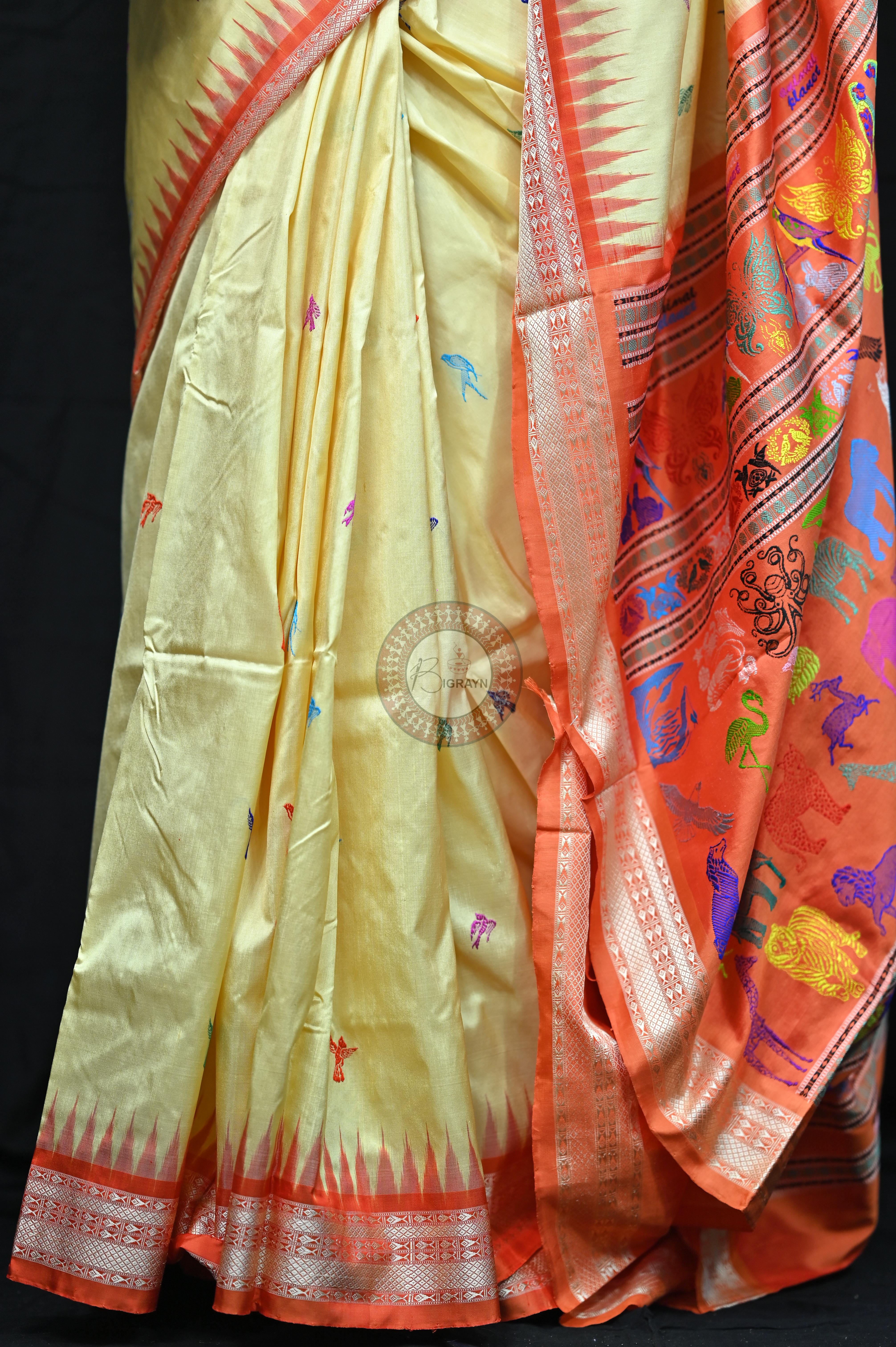 Cream Orange Animal Planet Bomkai Silk Saree