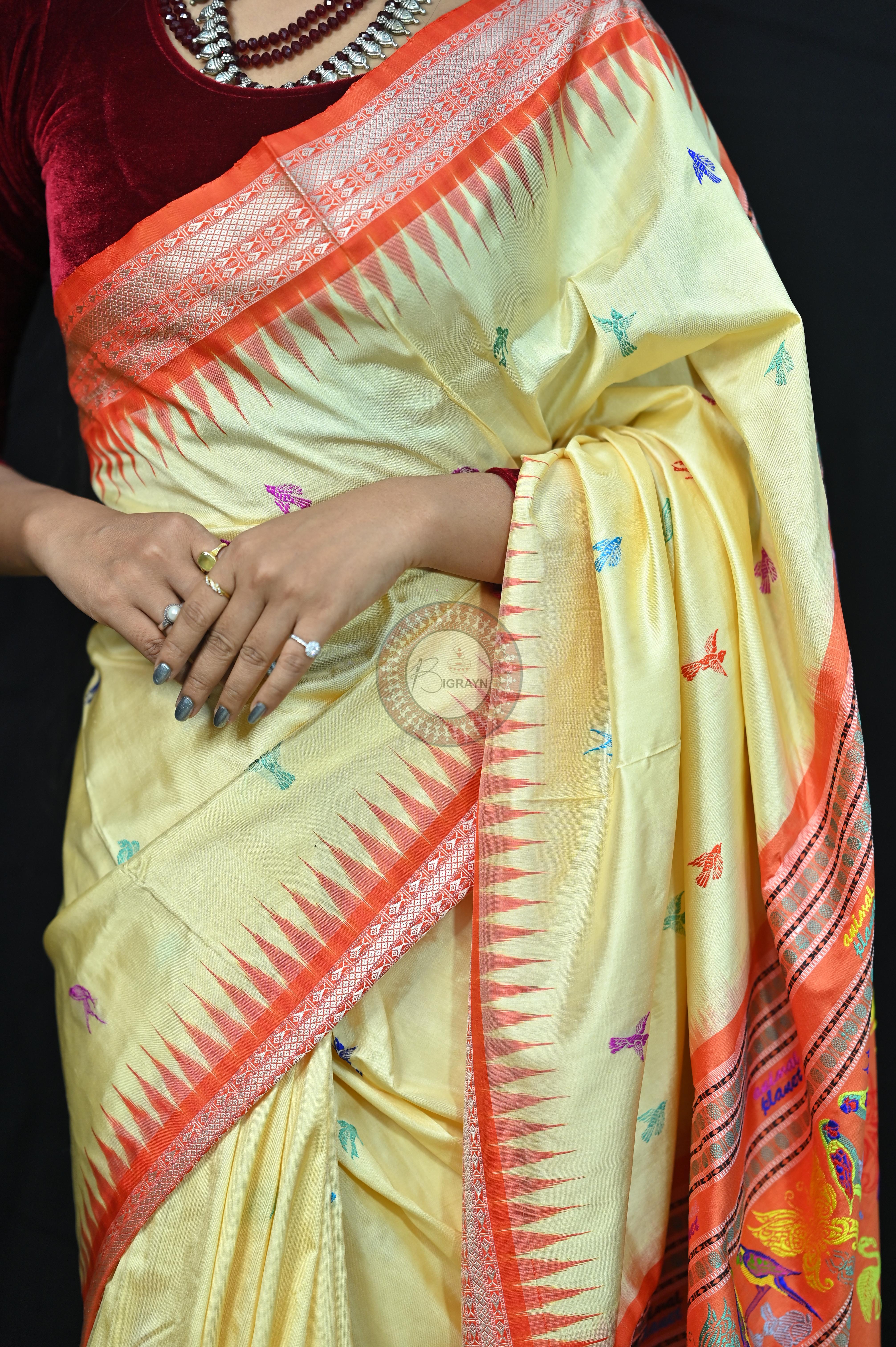 Cream Orange Animal Planet Bomkai Silk Saree