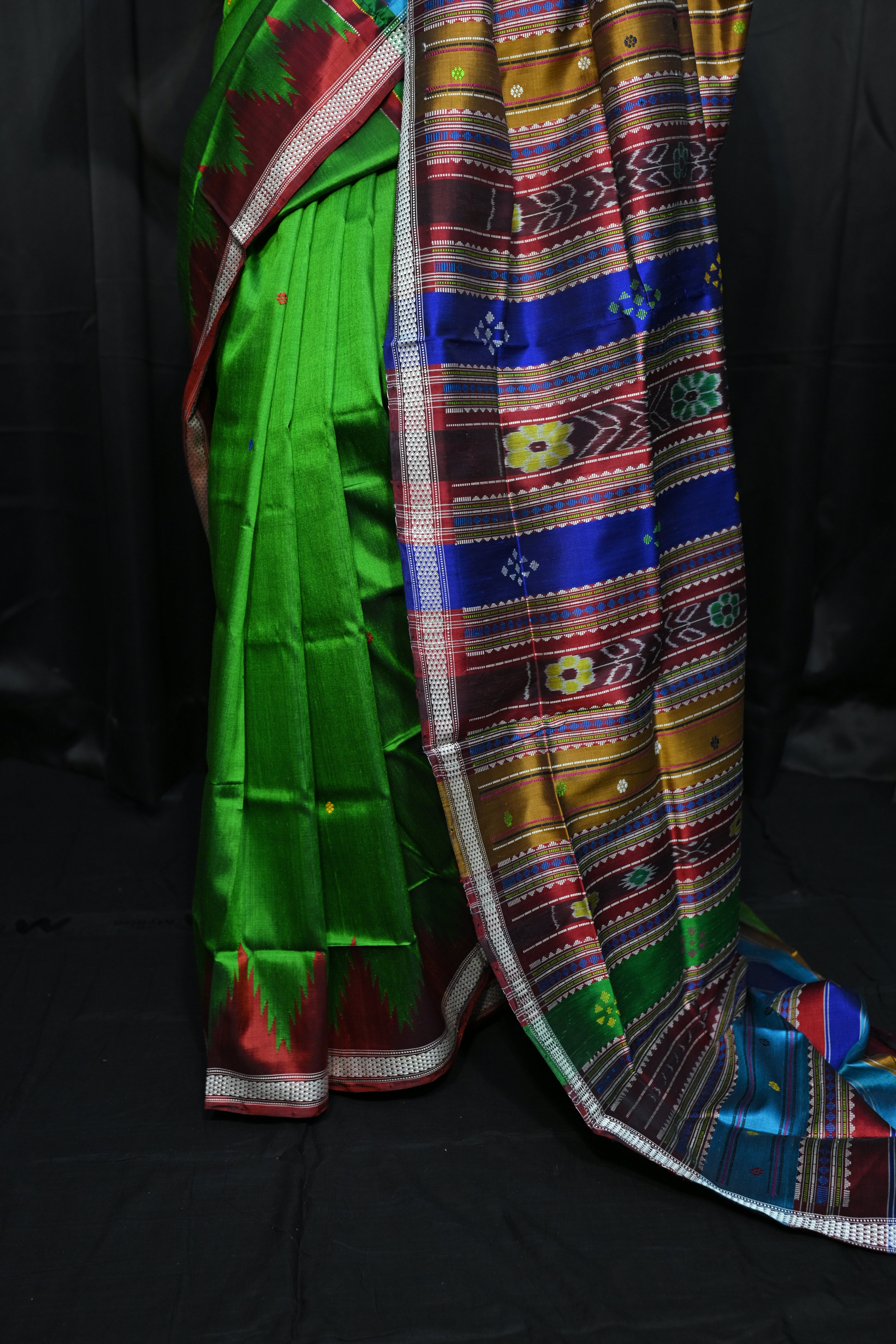 Green Red Multi Colour Kumbha Double Anchal Berhampuri Silk Saree