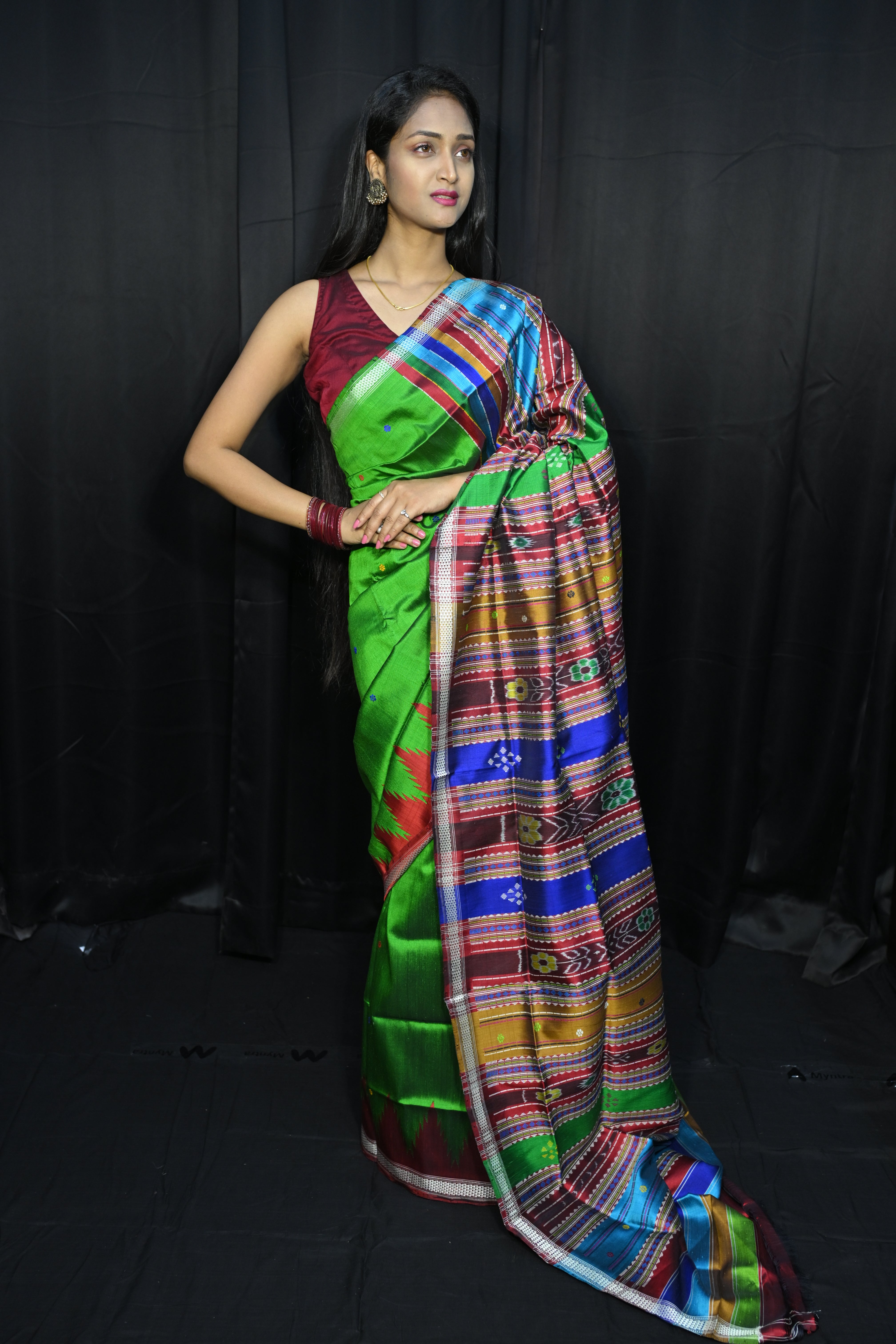 Green Red Multi Colour Kumbha Double Anchal Berhampuri Silk Saree
