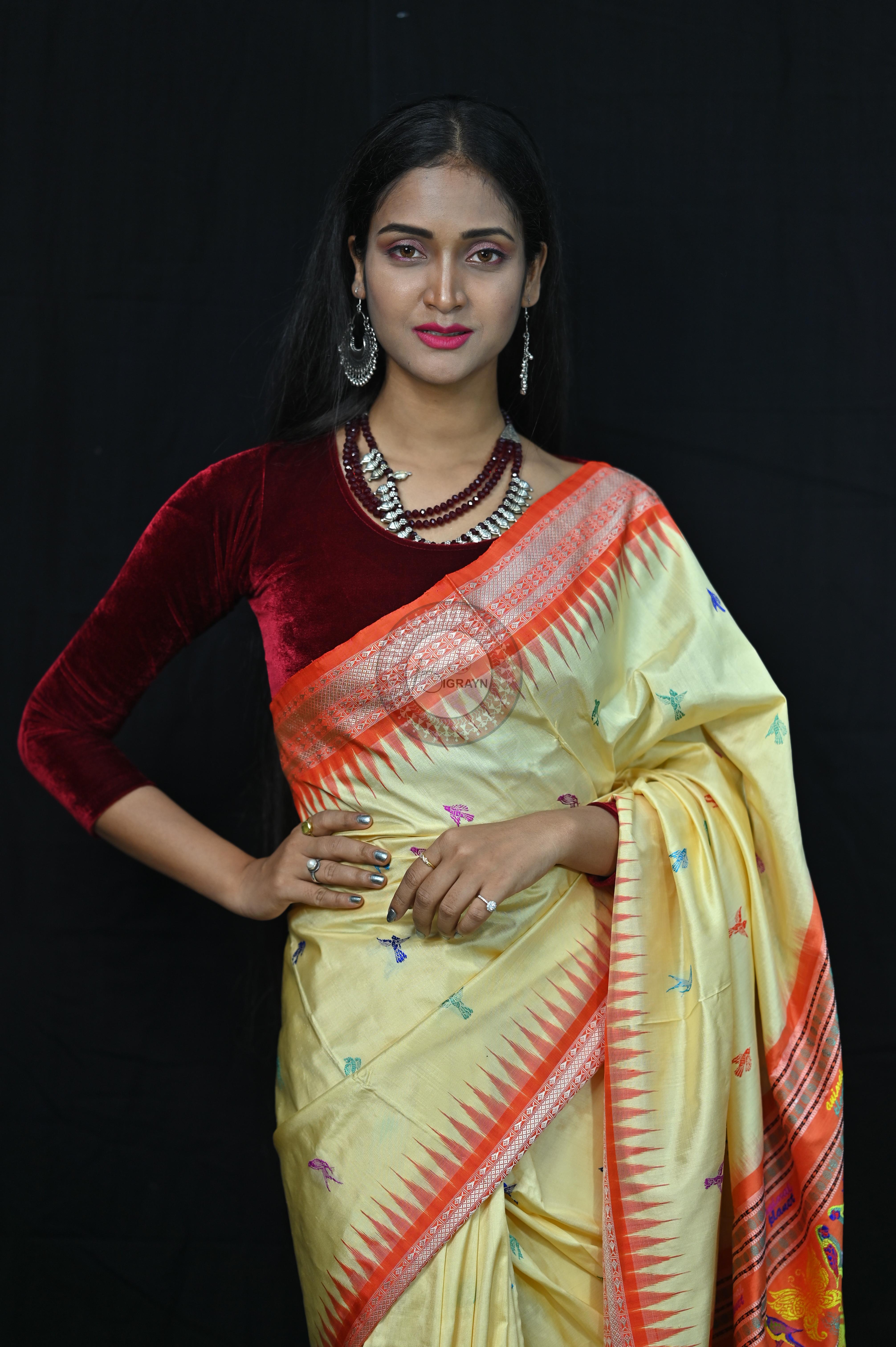 Cream Orange Animal Planet Bomkai Silk Saree