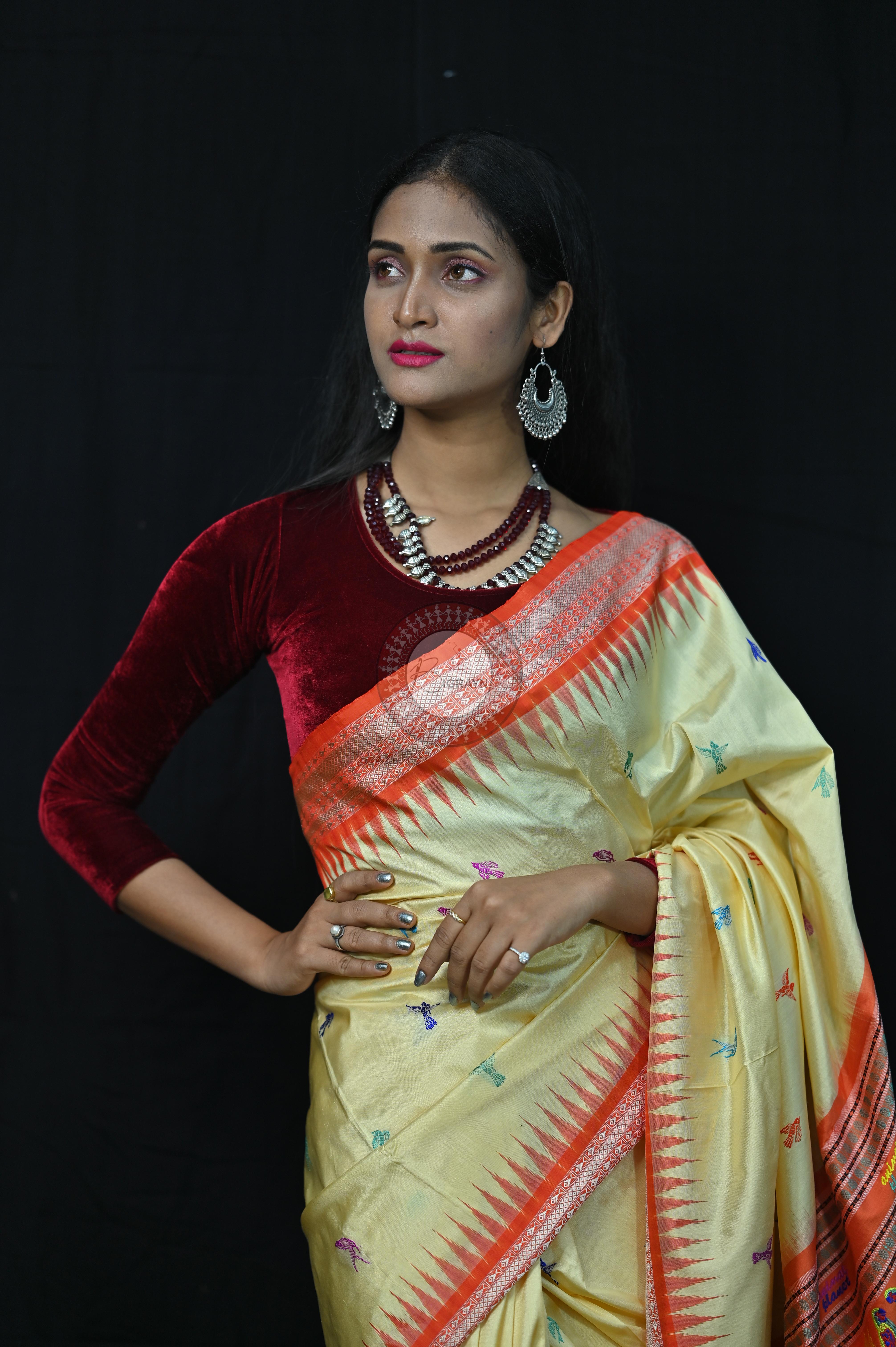 Cream Orange Animal Planet Bomkai Silk Saree