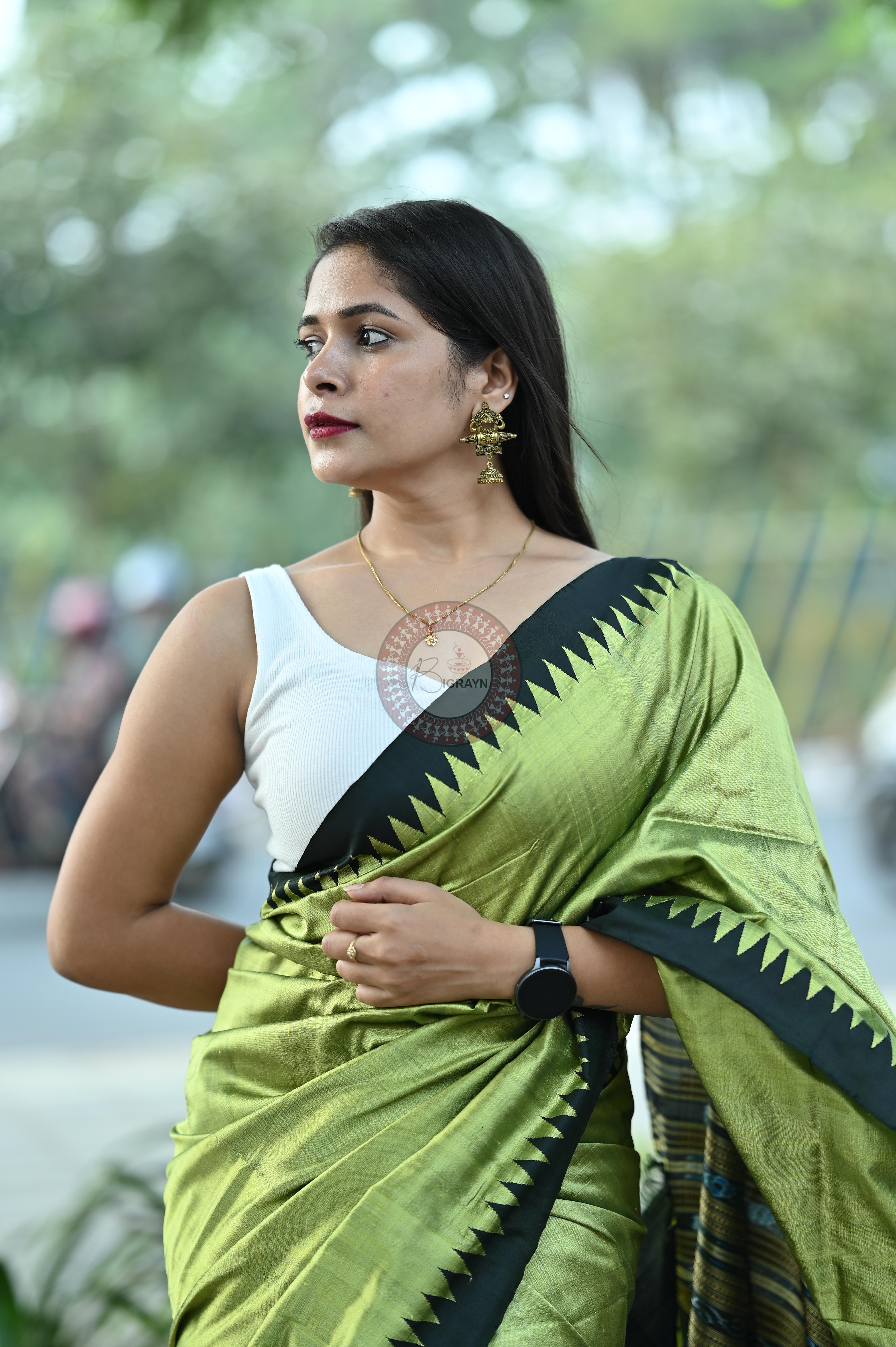 Mehendi Green Black Phoda Kumbha Tussar Saree