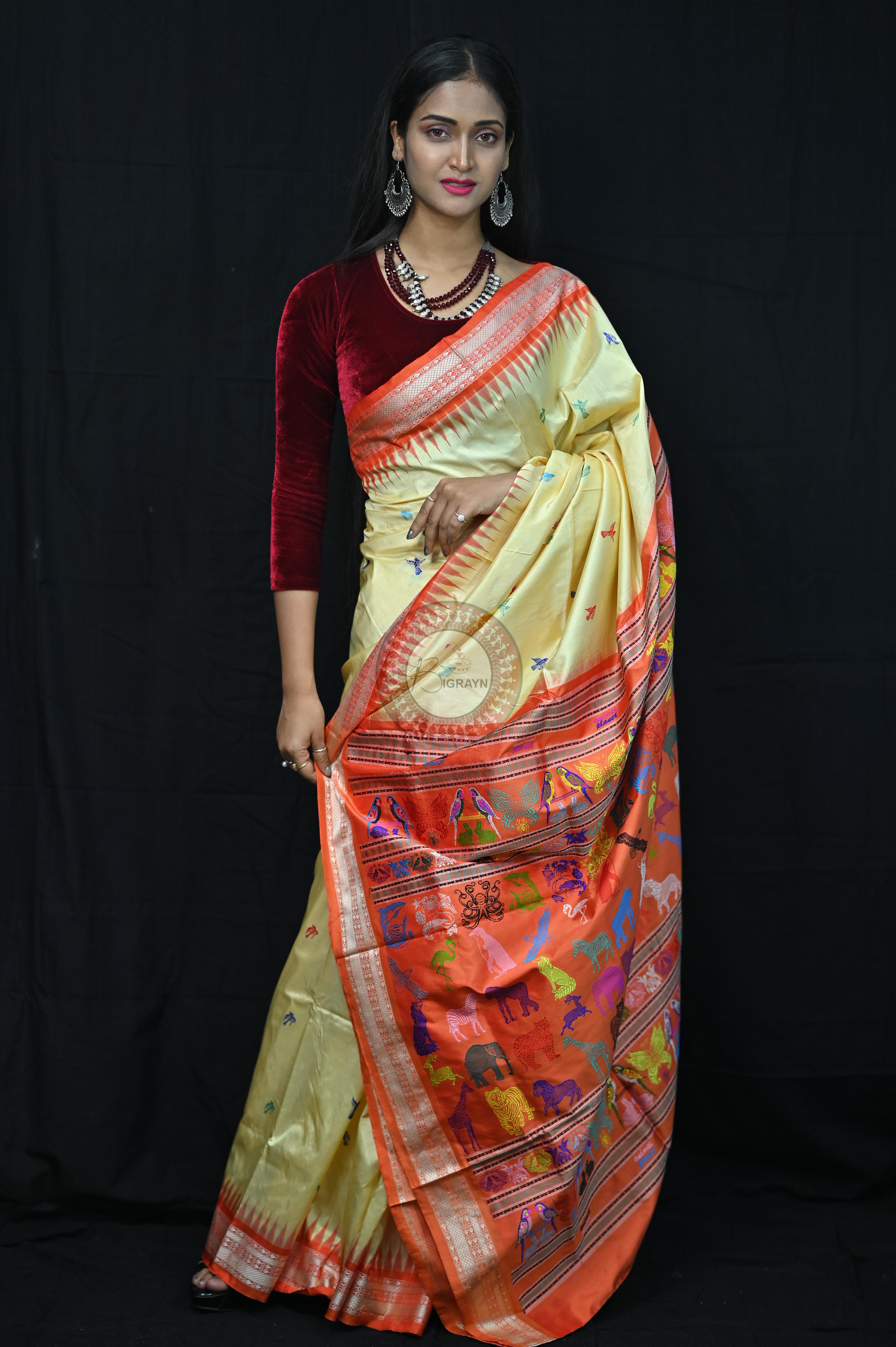 Cream Orange Animal Planet Bomkai Silk Saree