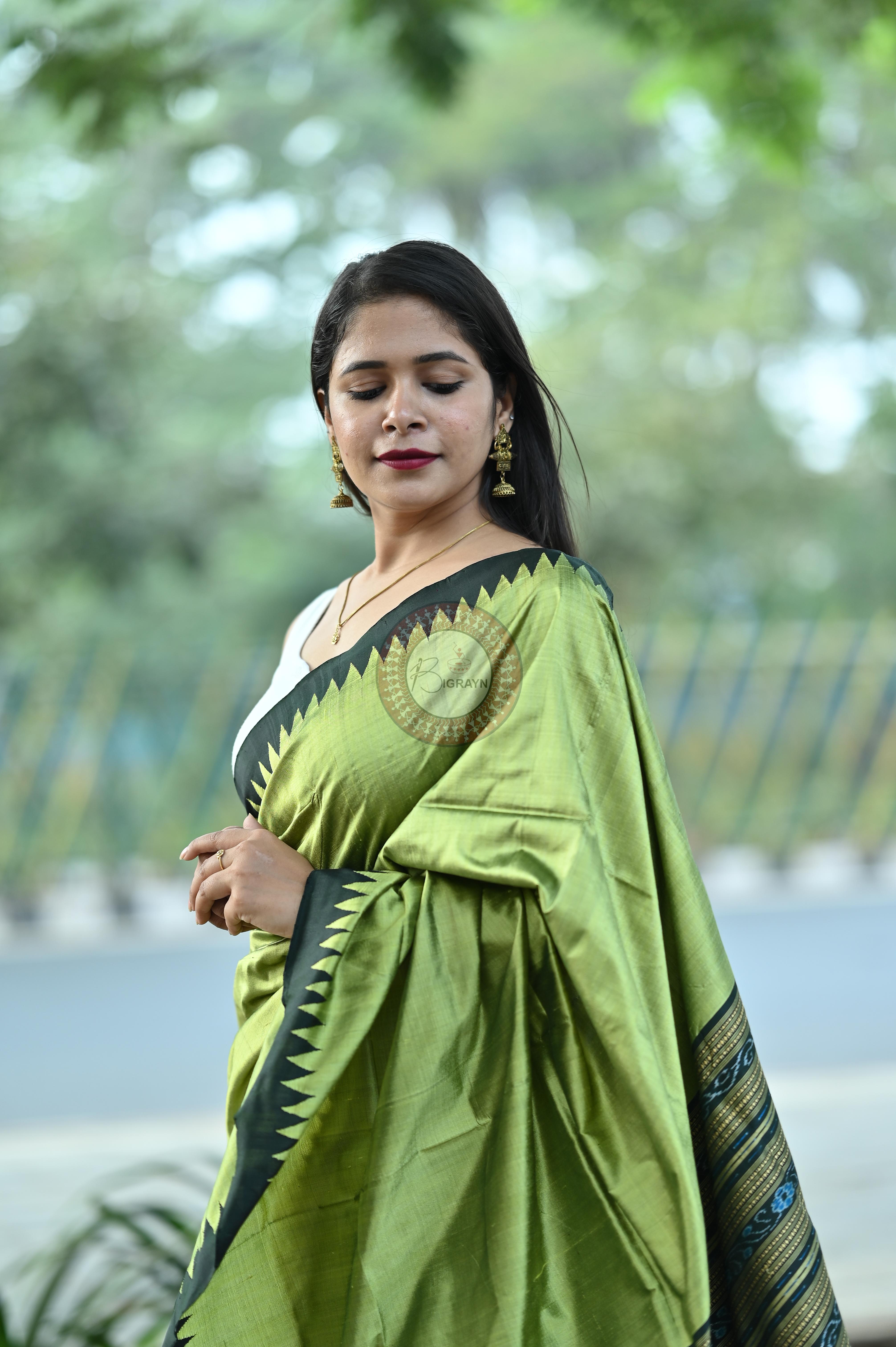 Mehendi Green Black Phoda Kumbha Tussar Saree