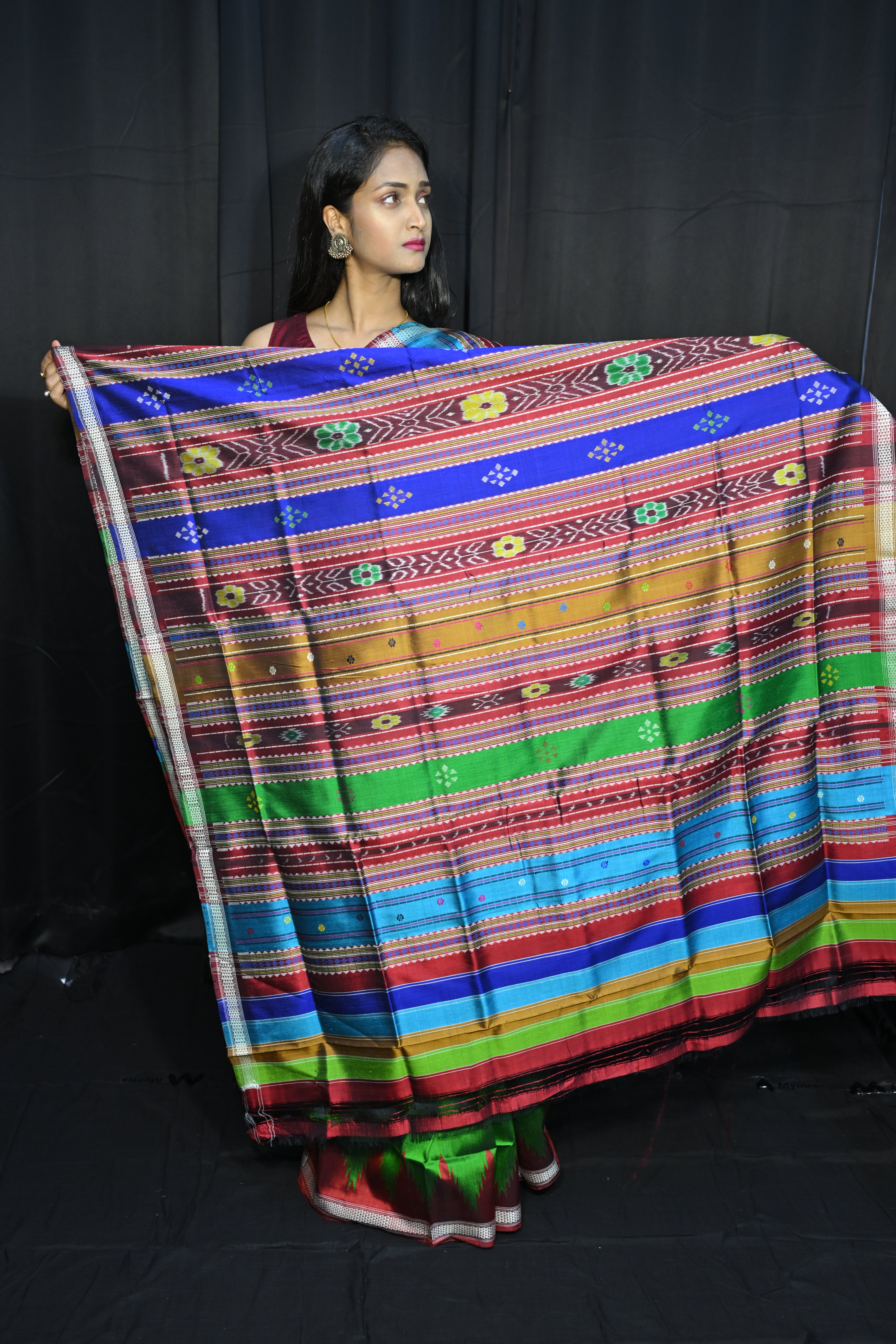 Green Red Multi Colour Kumbha Double Anchal Berhampuri Silk Saree