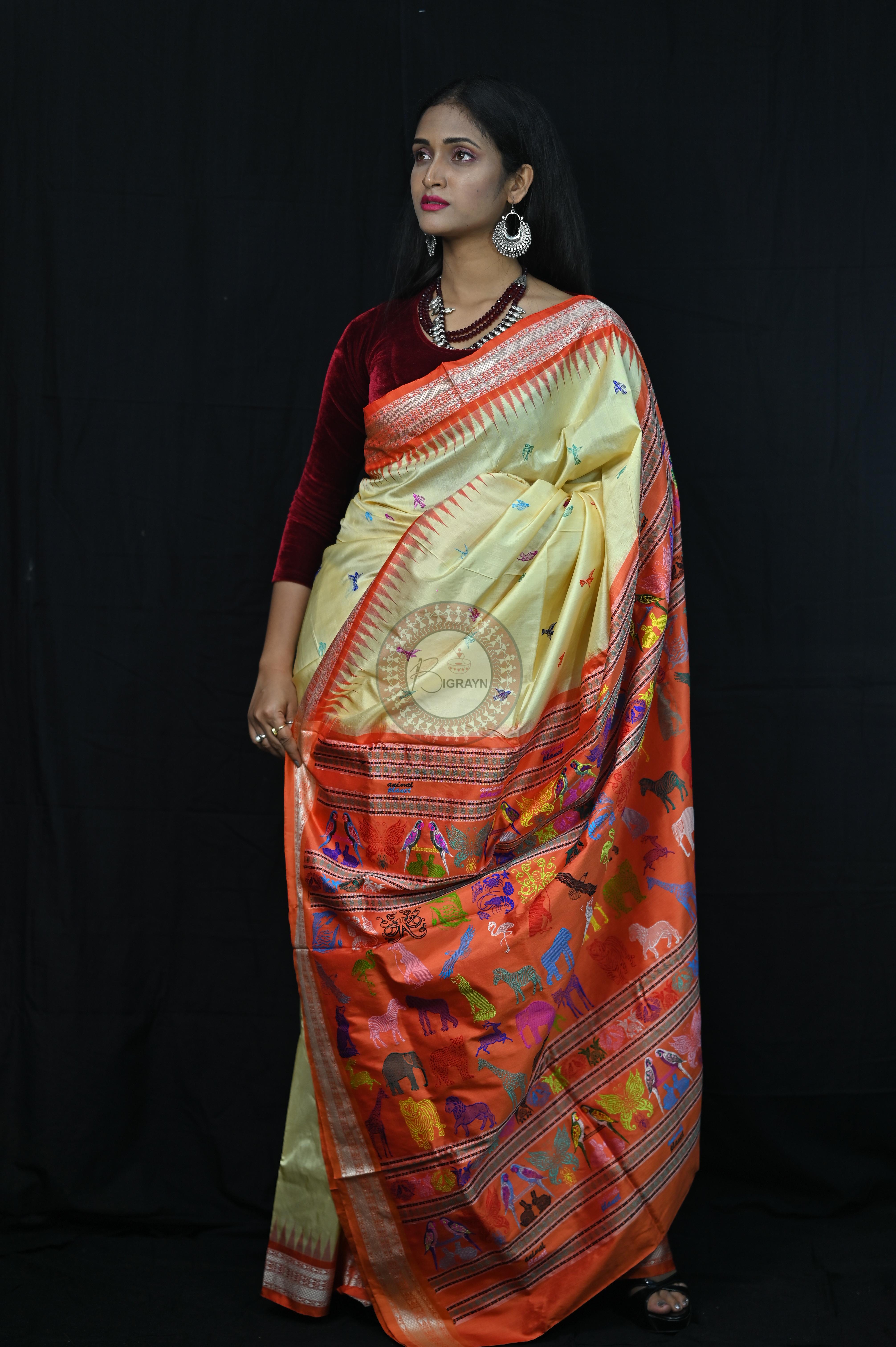 Cream Orange Animal Planet Bomkai Silk Saree