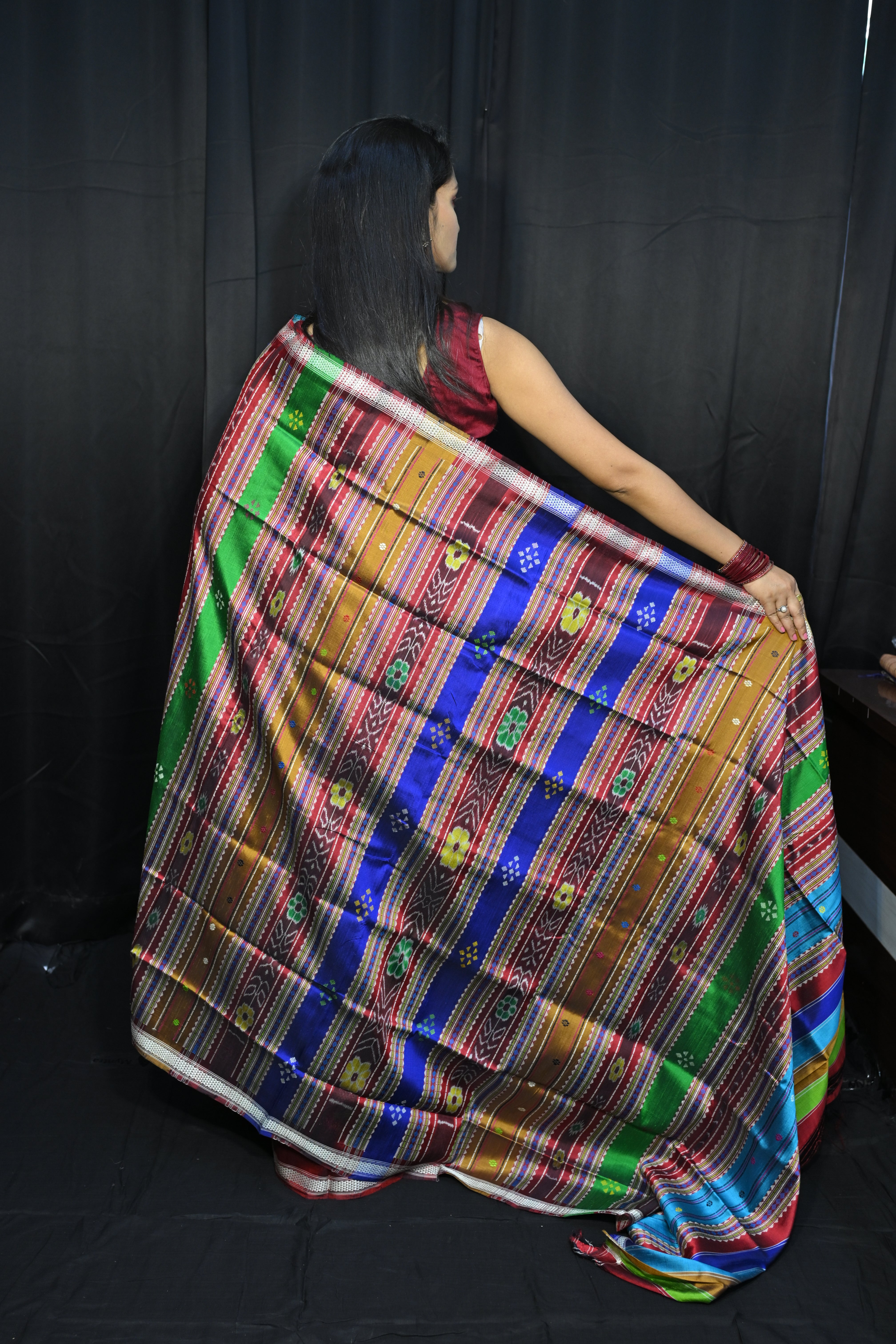 Green Red Multi Colour Kumbha Double Anchal Berhampuri Silk Saree