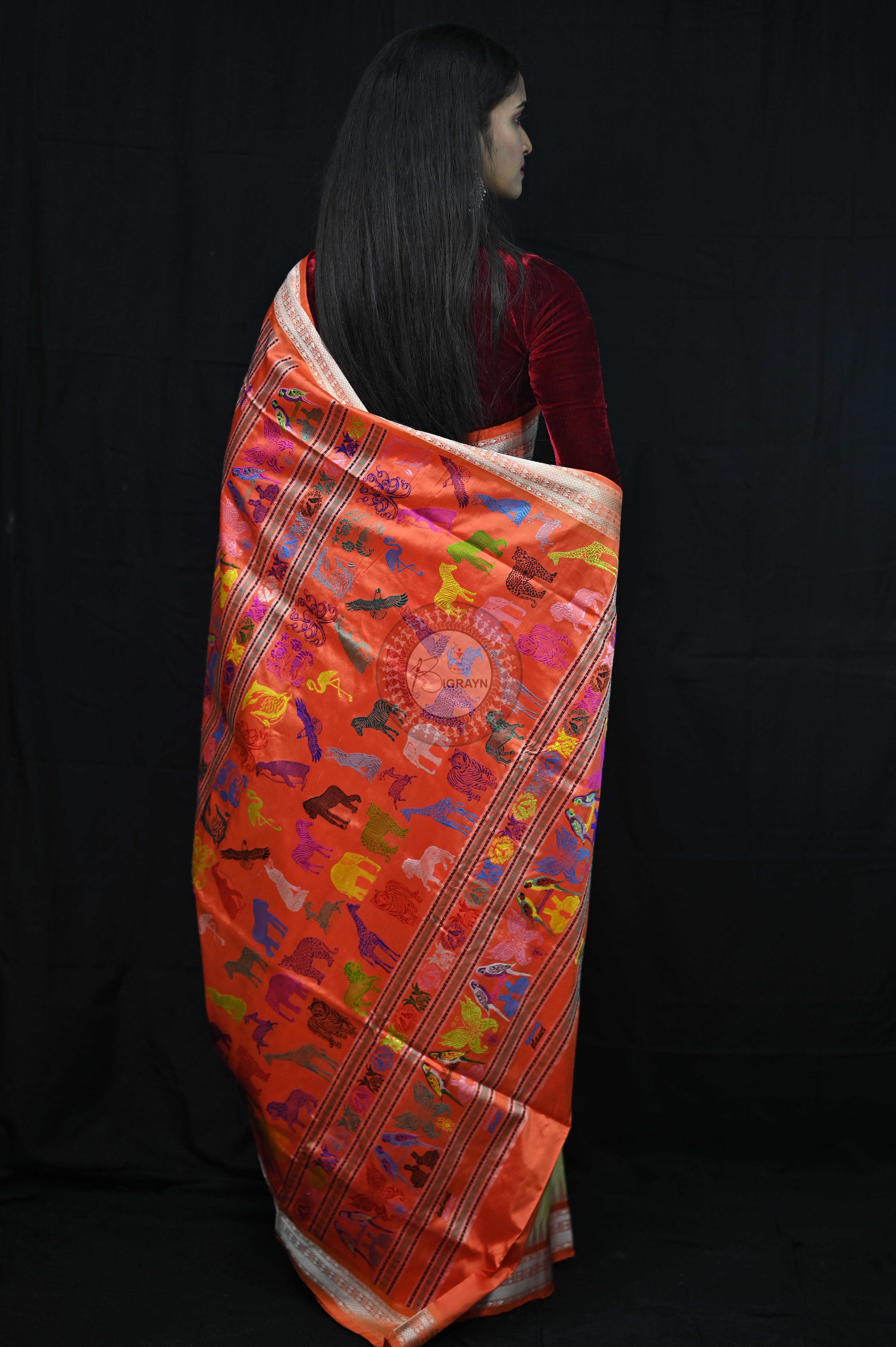 Cream Orange Animal Planet Bomkai Silk Saree