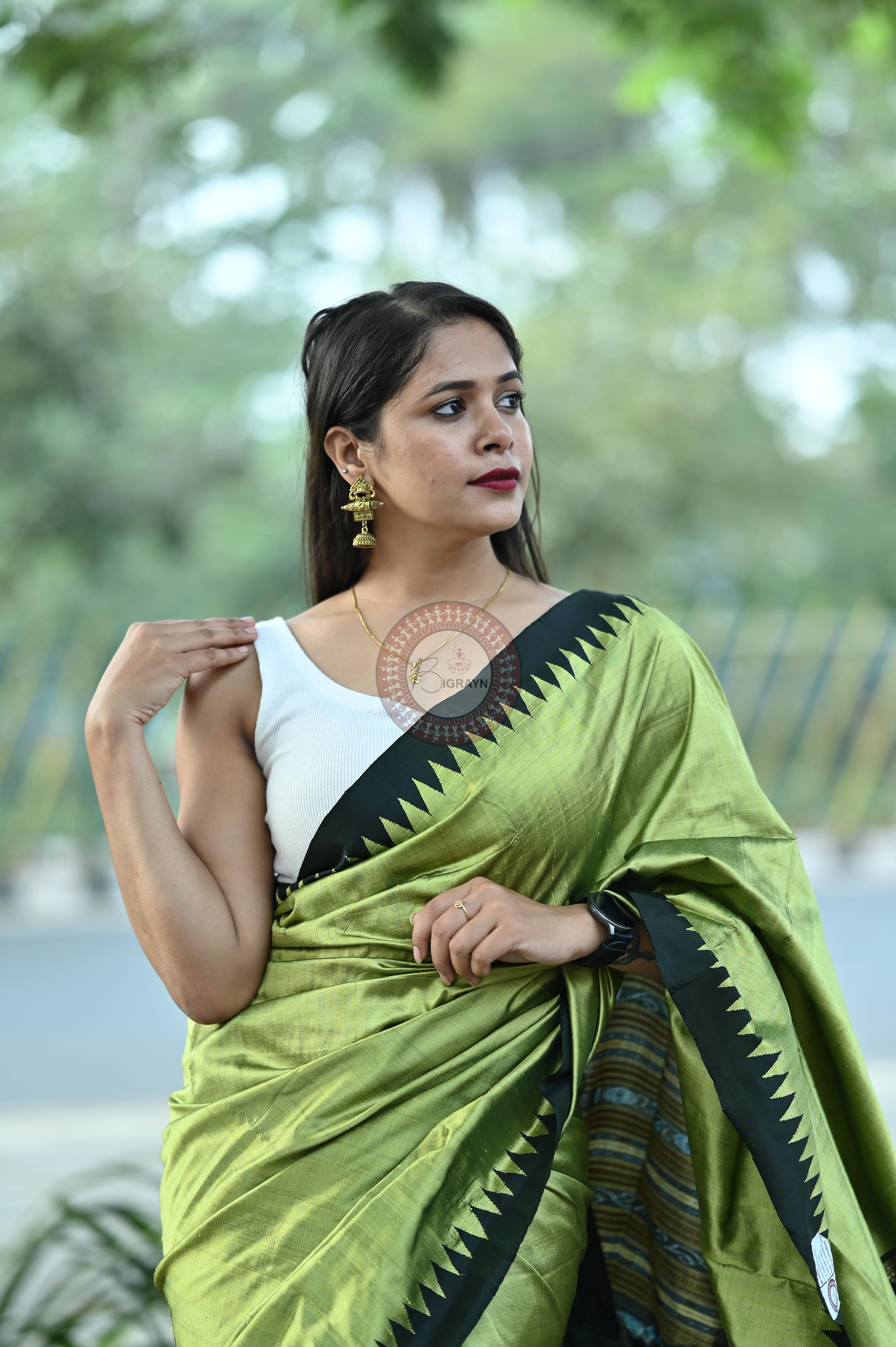 Mehendi Green Black Phoda Kumbha Tussar Saree