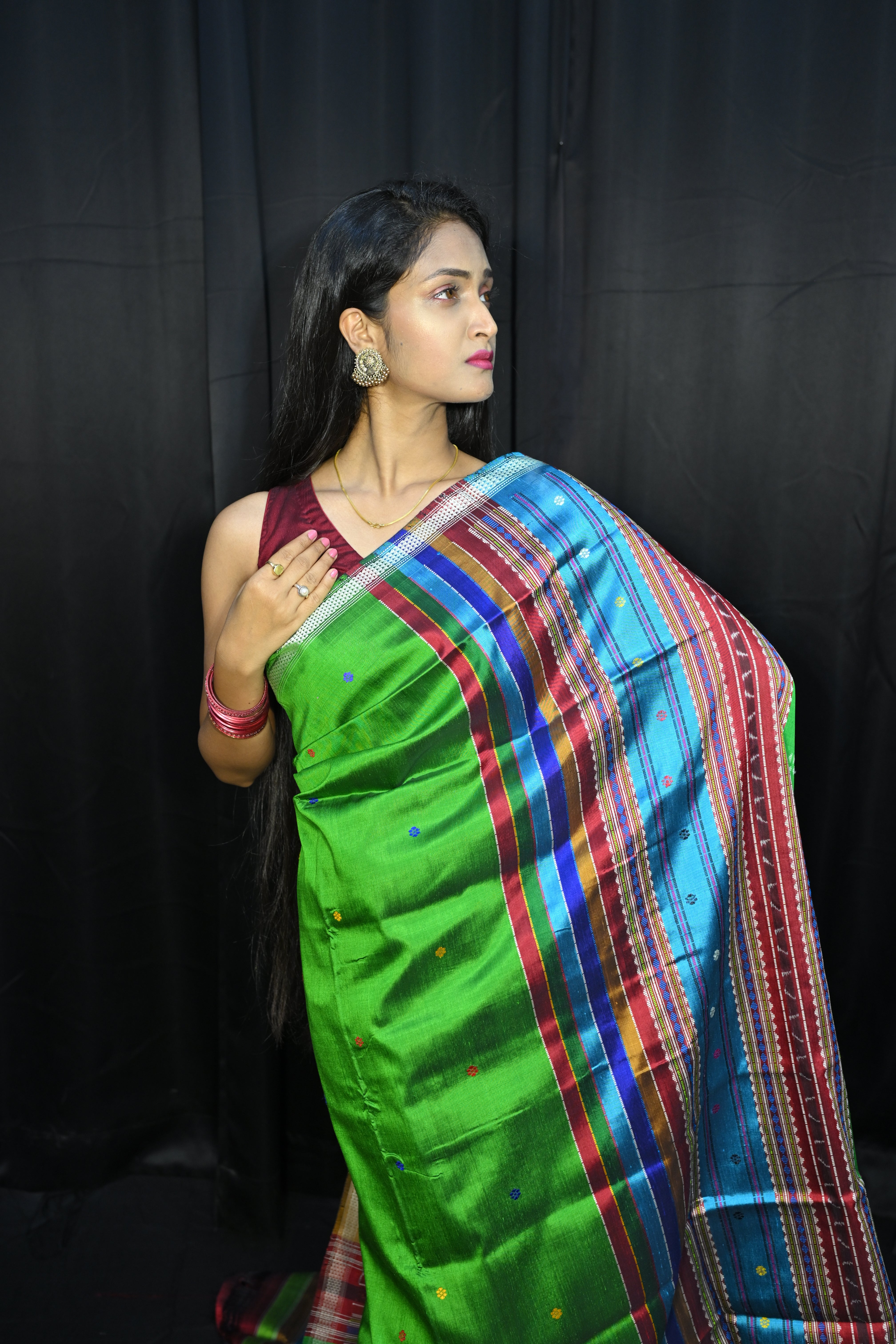 Green Red Multi Colour Kumbha Double Anchal Berhampuri Silk Saree