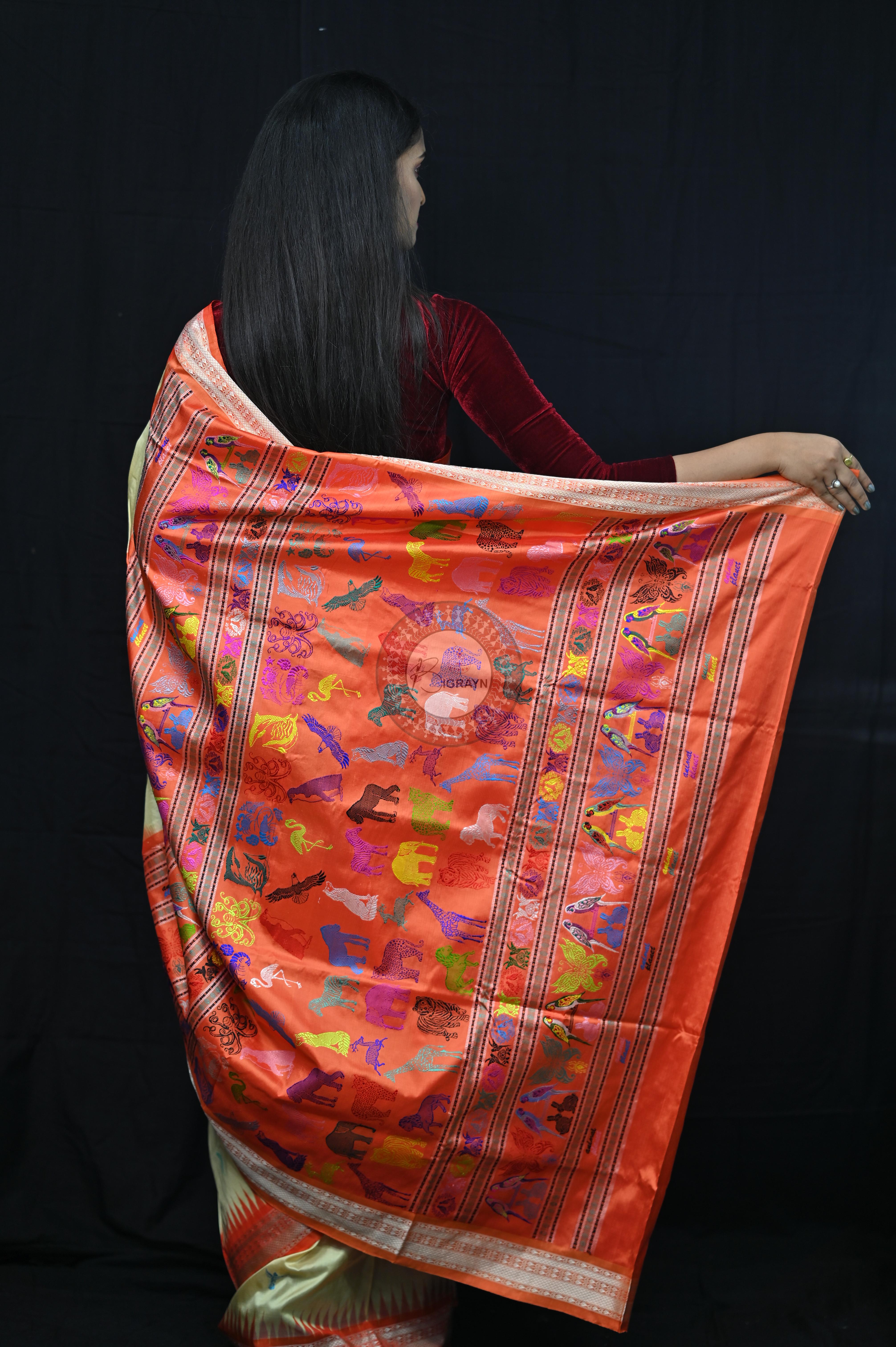 Cream Orange Animal Planet Bomkai Silk Saree