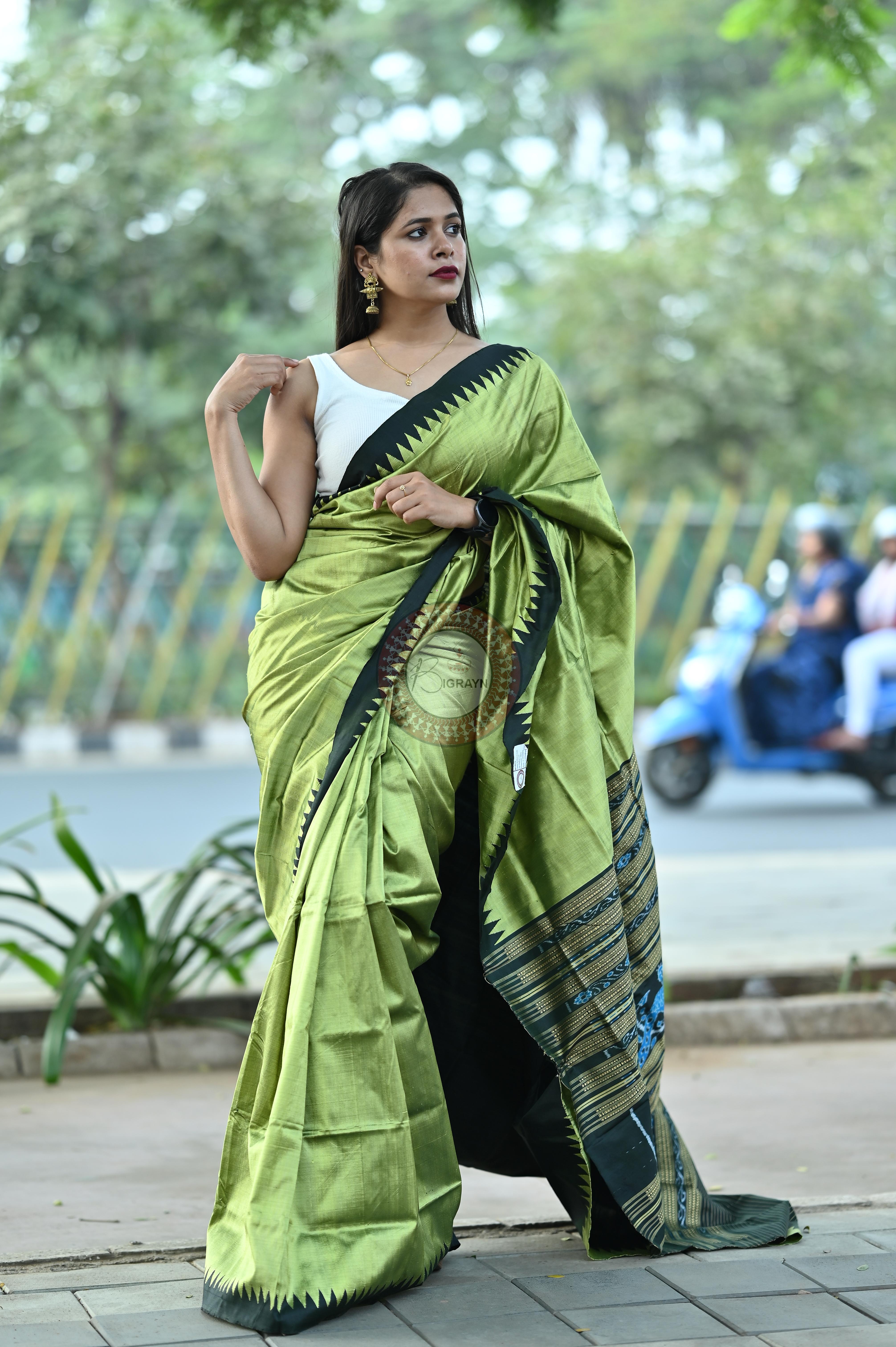 Mehendi Green Black Phoda Kumbha Tussar Saree