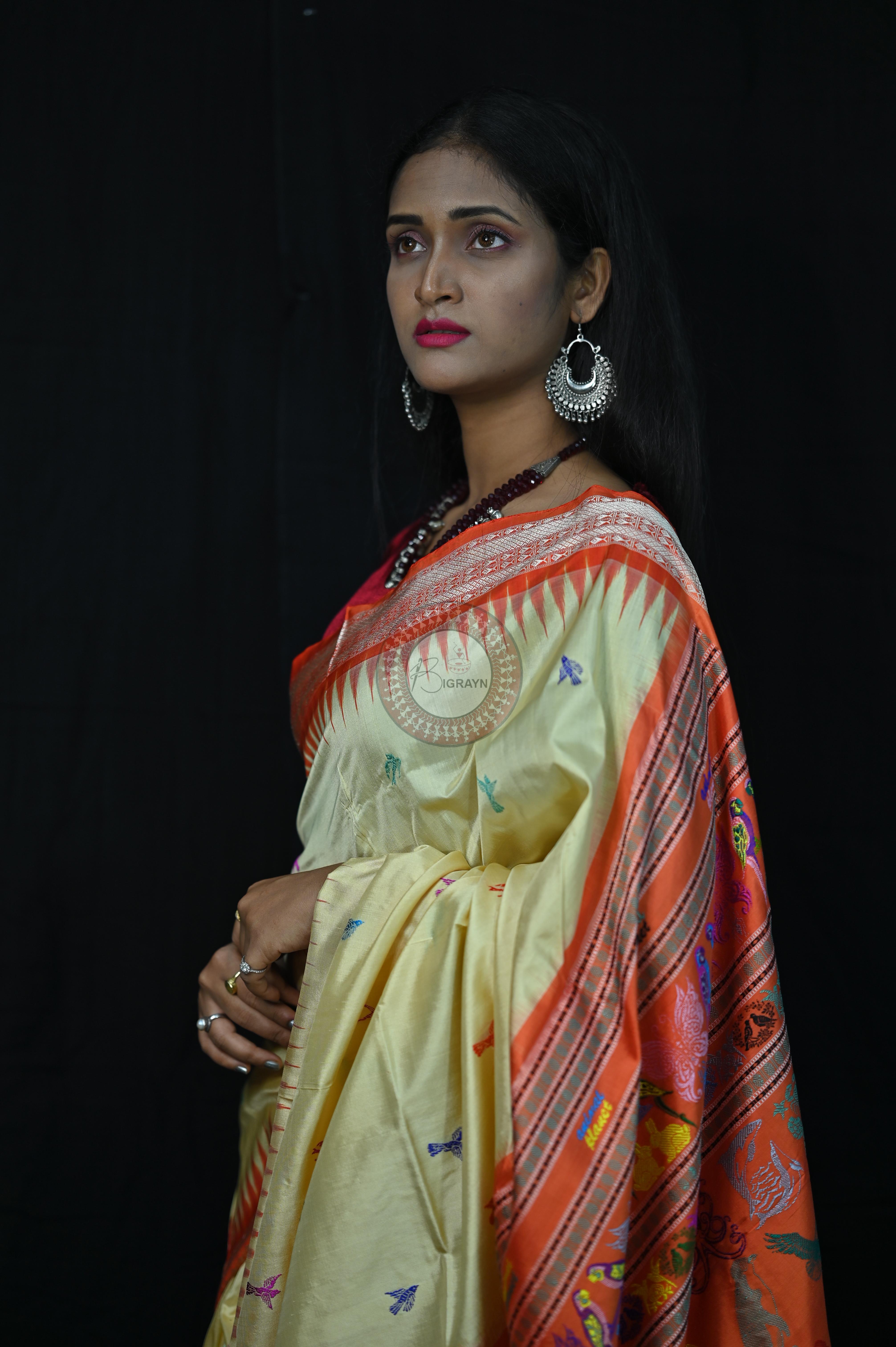 Cream Orange Animal Planet Bomkai Silk Saree