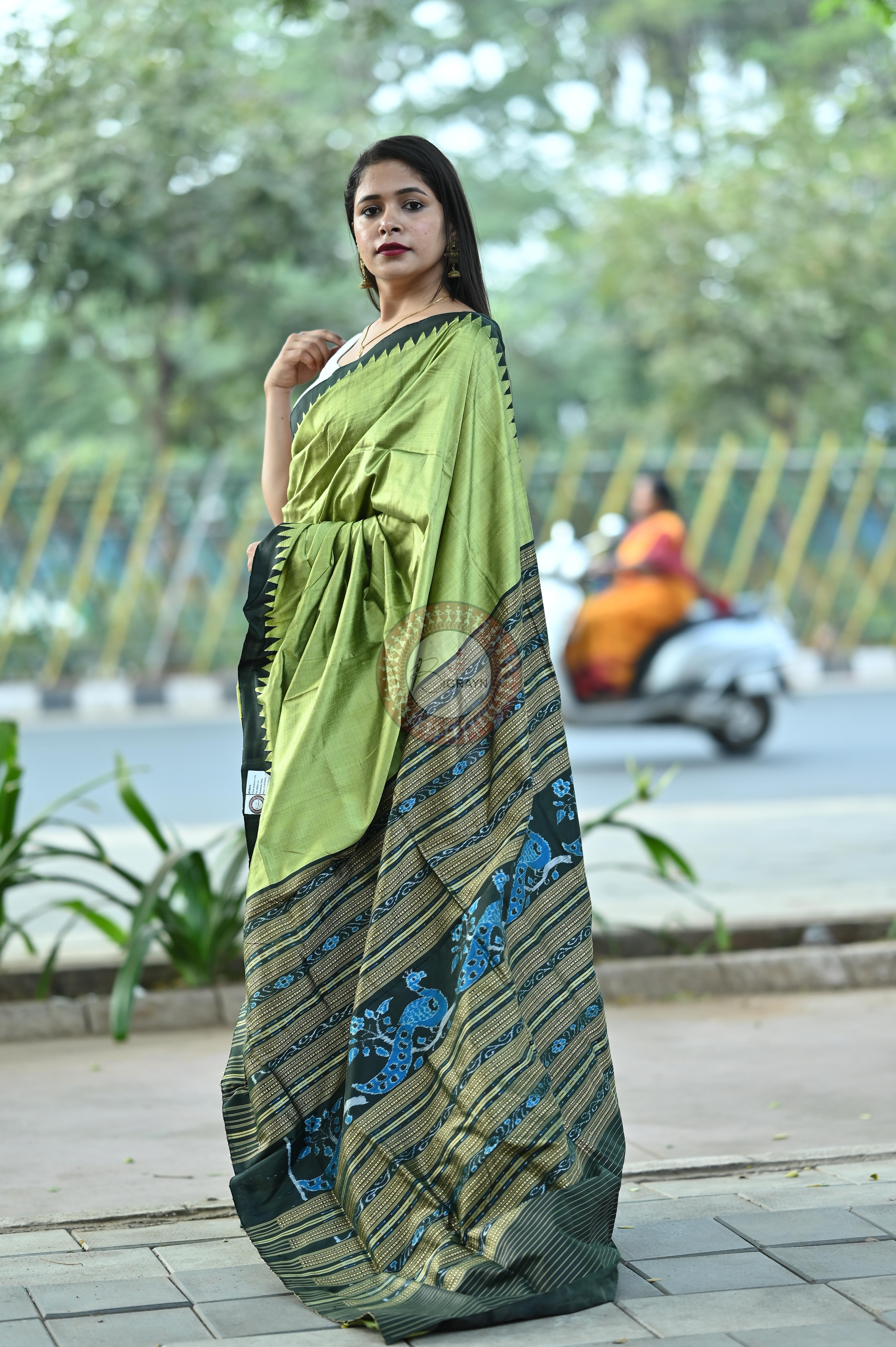 Mehendi Green Black Phoda Kumbha Tussar Saree
