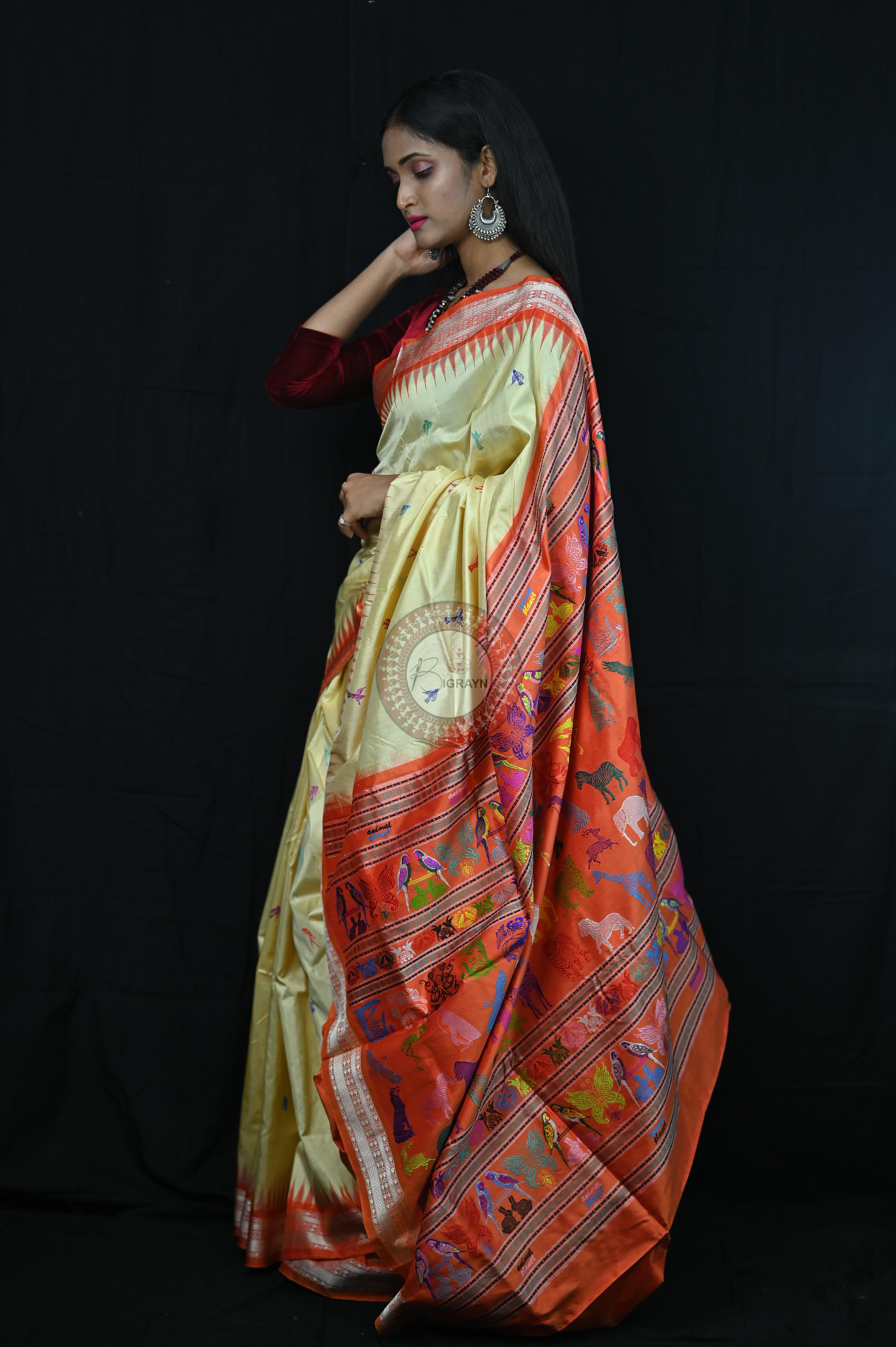 Cream Orange Animal Planet Bomkai Silk Saree