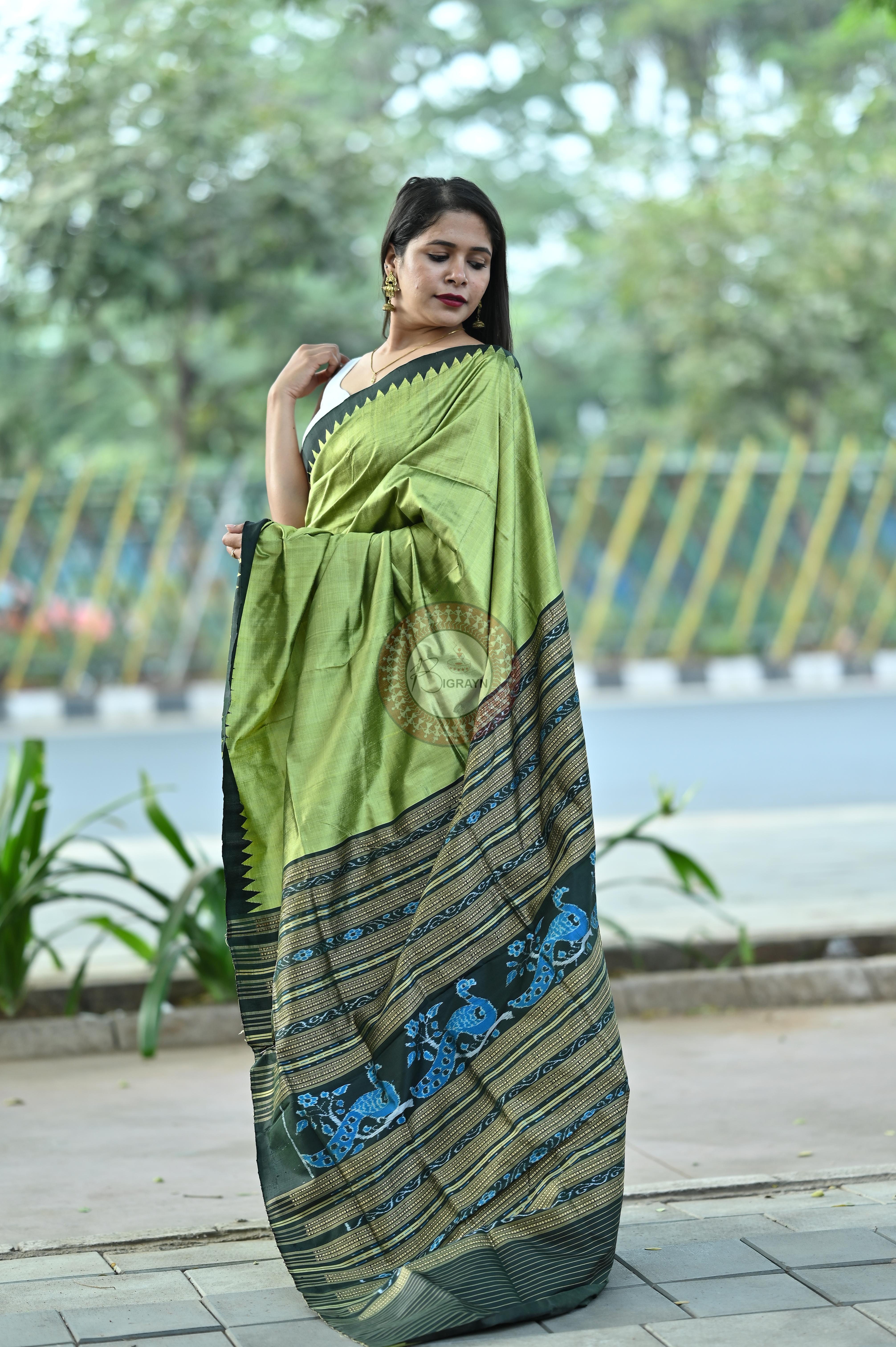 Mehendi Green Black Phoda Kumbha Tussar Saree