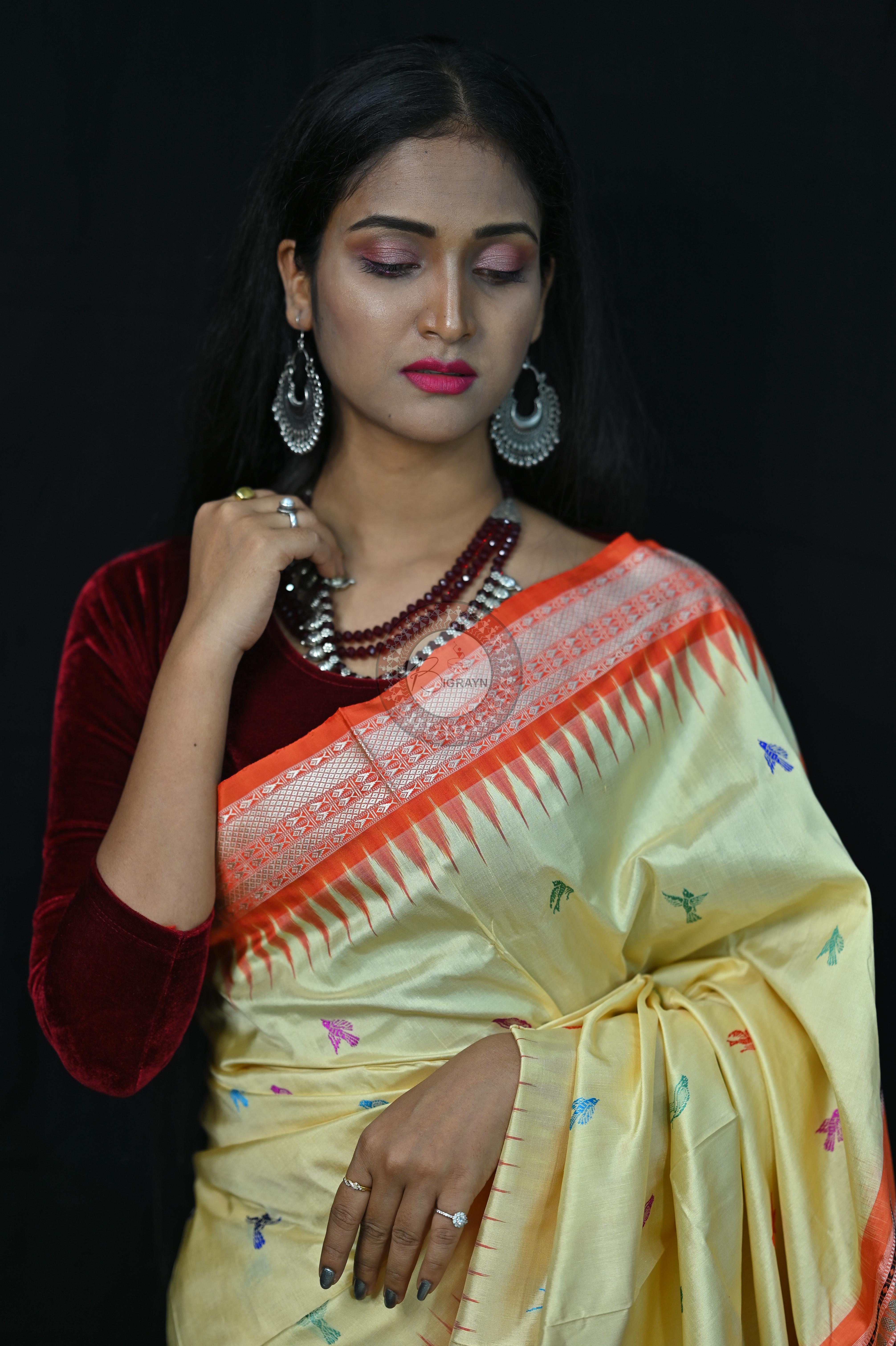 Cream Orange Animal Planet Bomkai Silk Saree