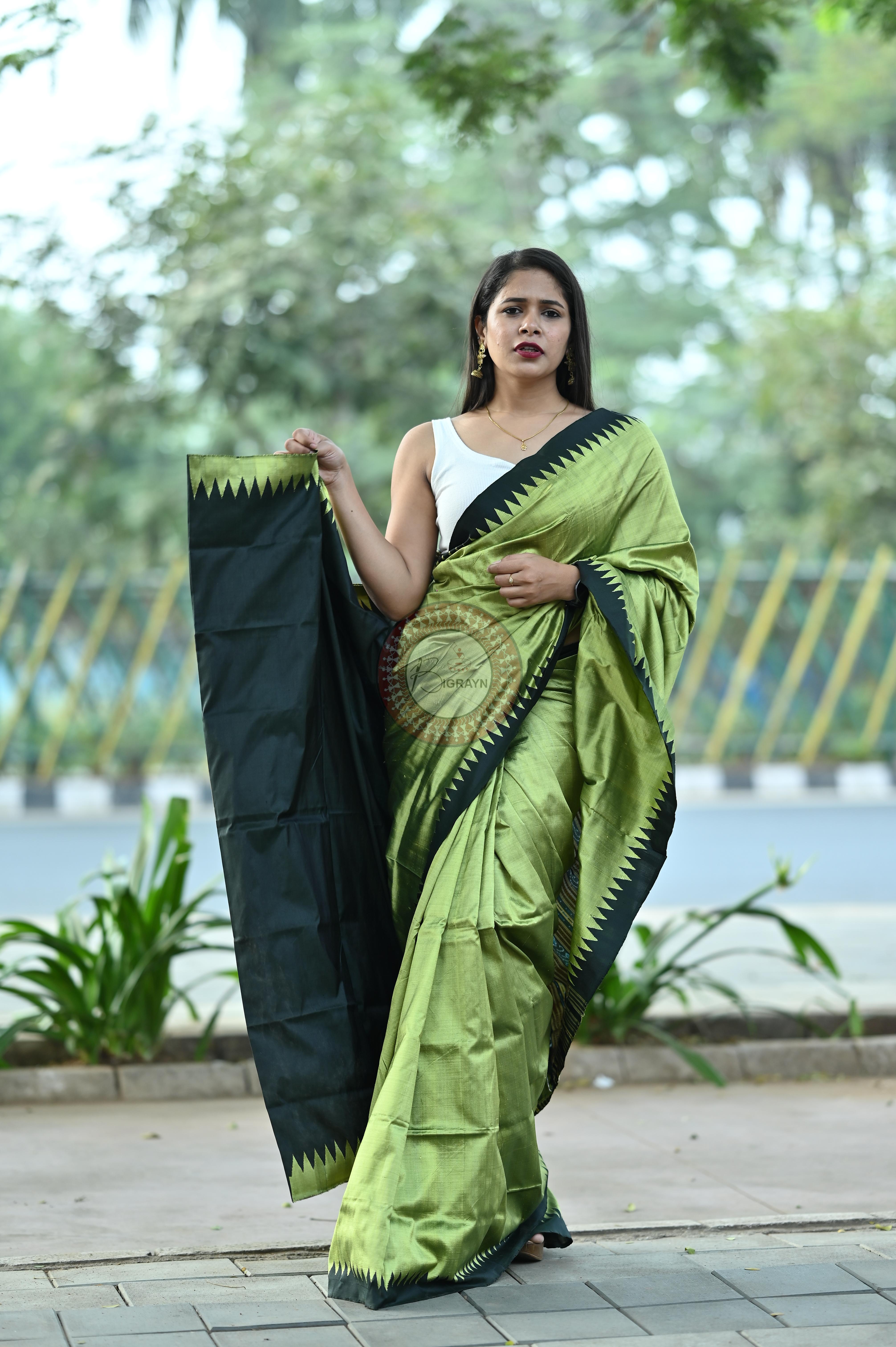 Mehendi Green Black Phoda Kumbha Tussar Saree