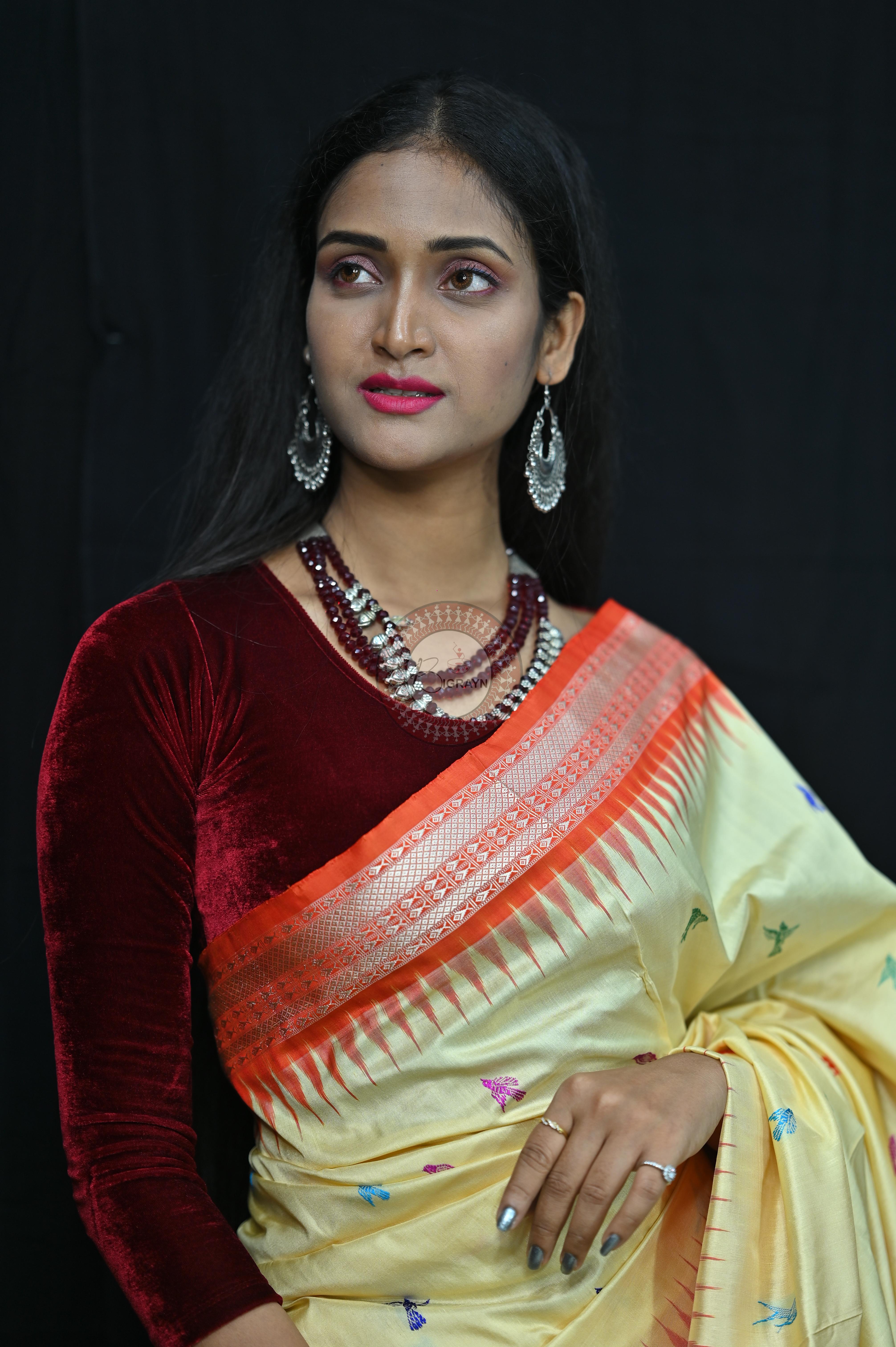 Cream Orange Animal Planet Bomkai Silk Saree