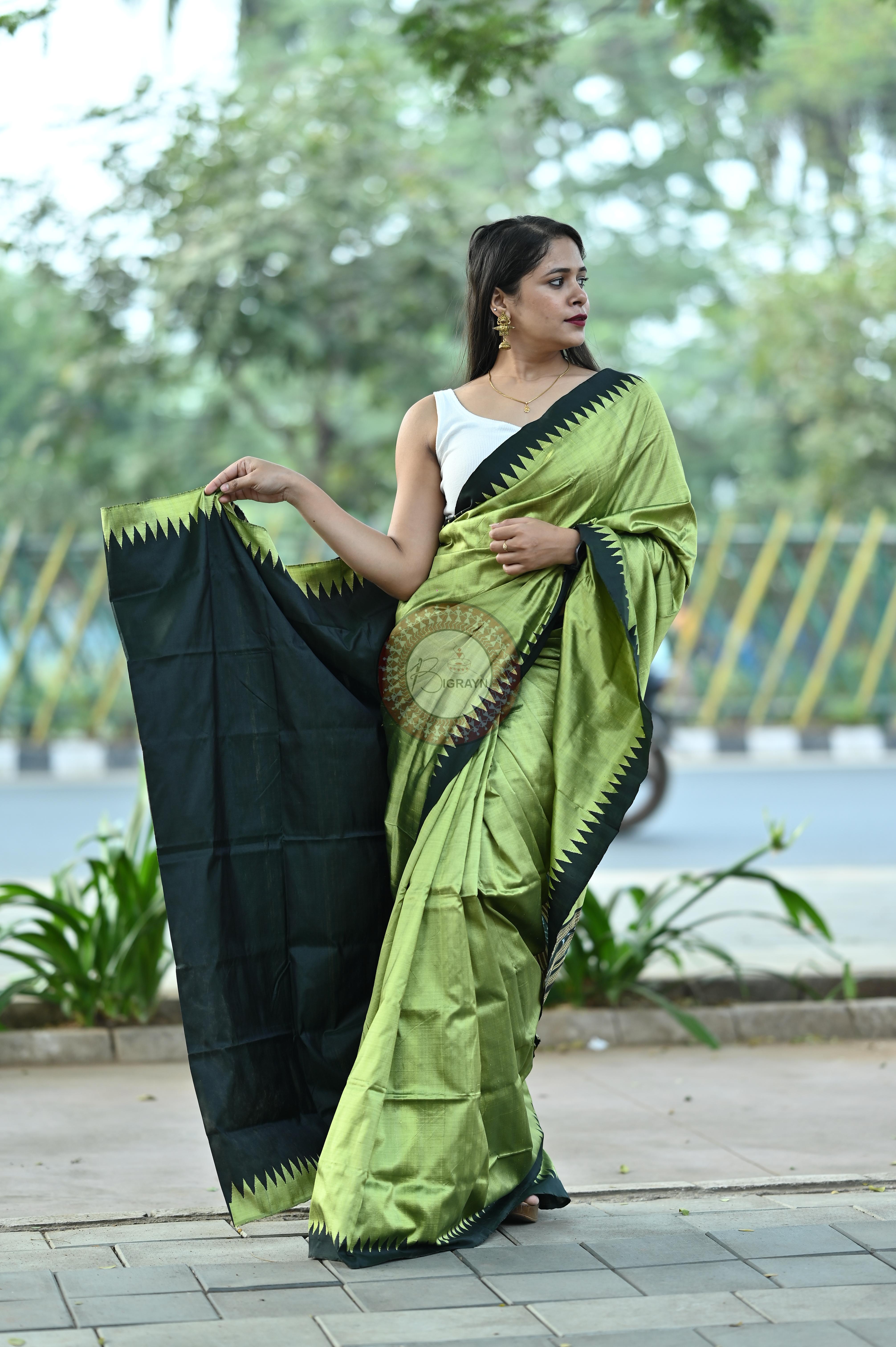 Mehendi Green Black Phoda Kumbha Tussar Saree
