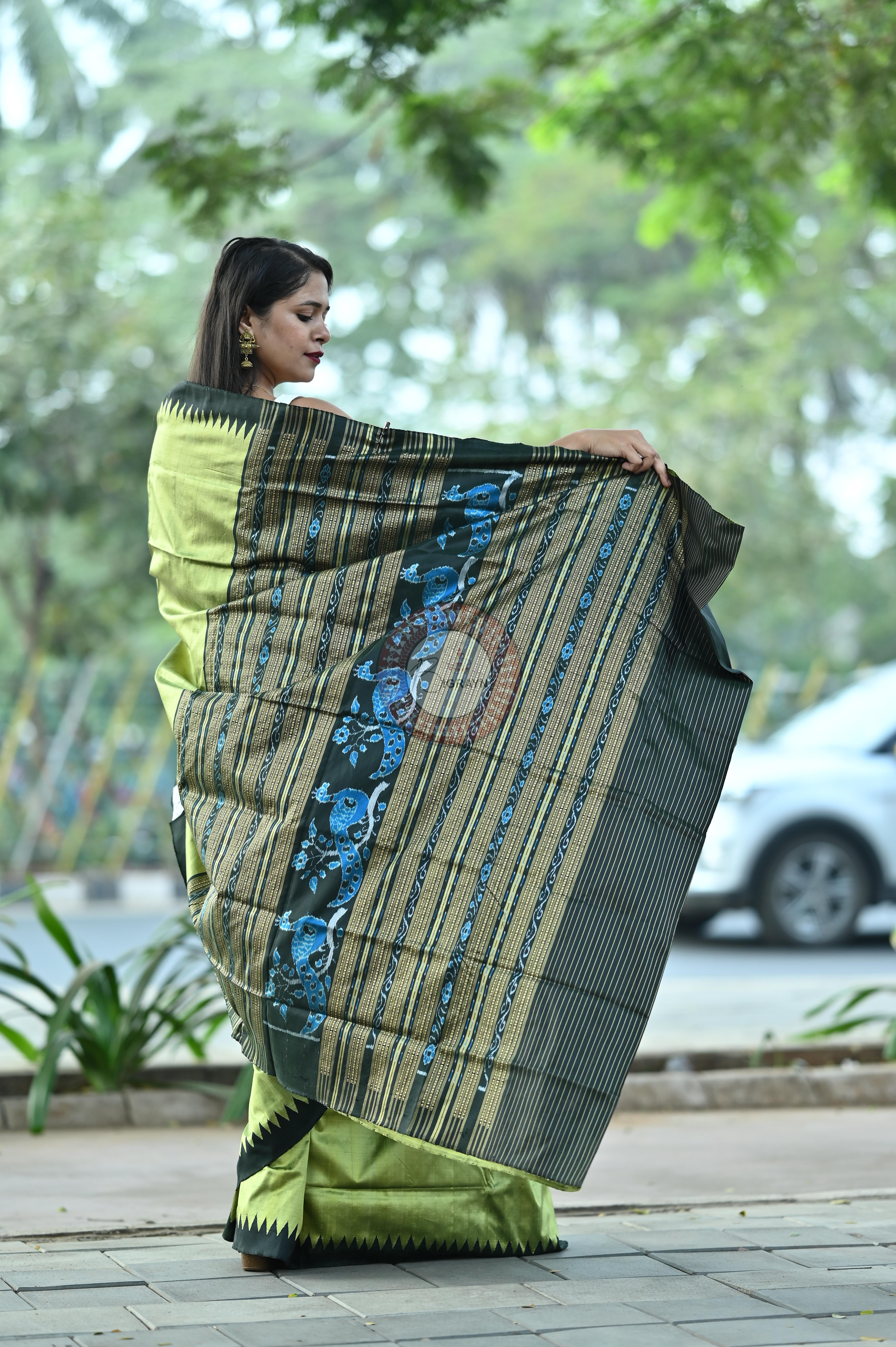 Mehendi Green Black Phoda Kumbha Tussar Saree