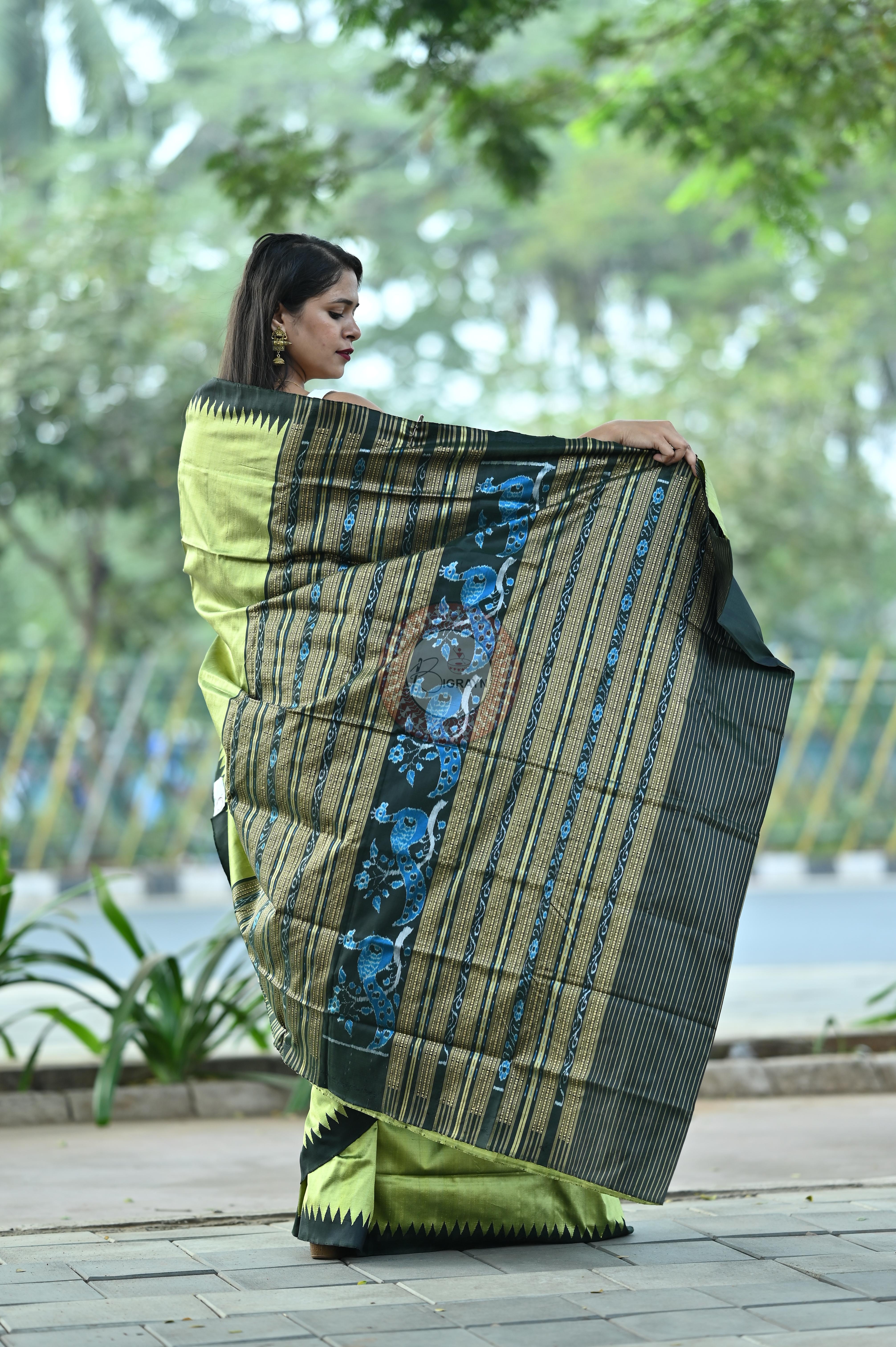 Mehendi Green Black Phoda Kumbha Tussar Saree