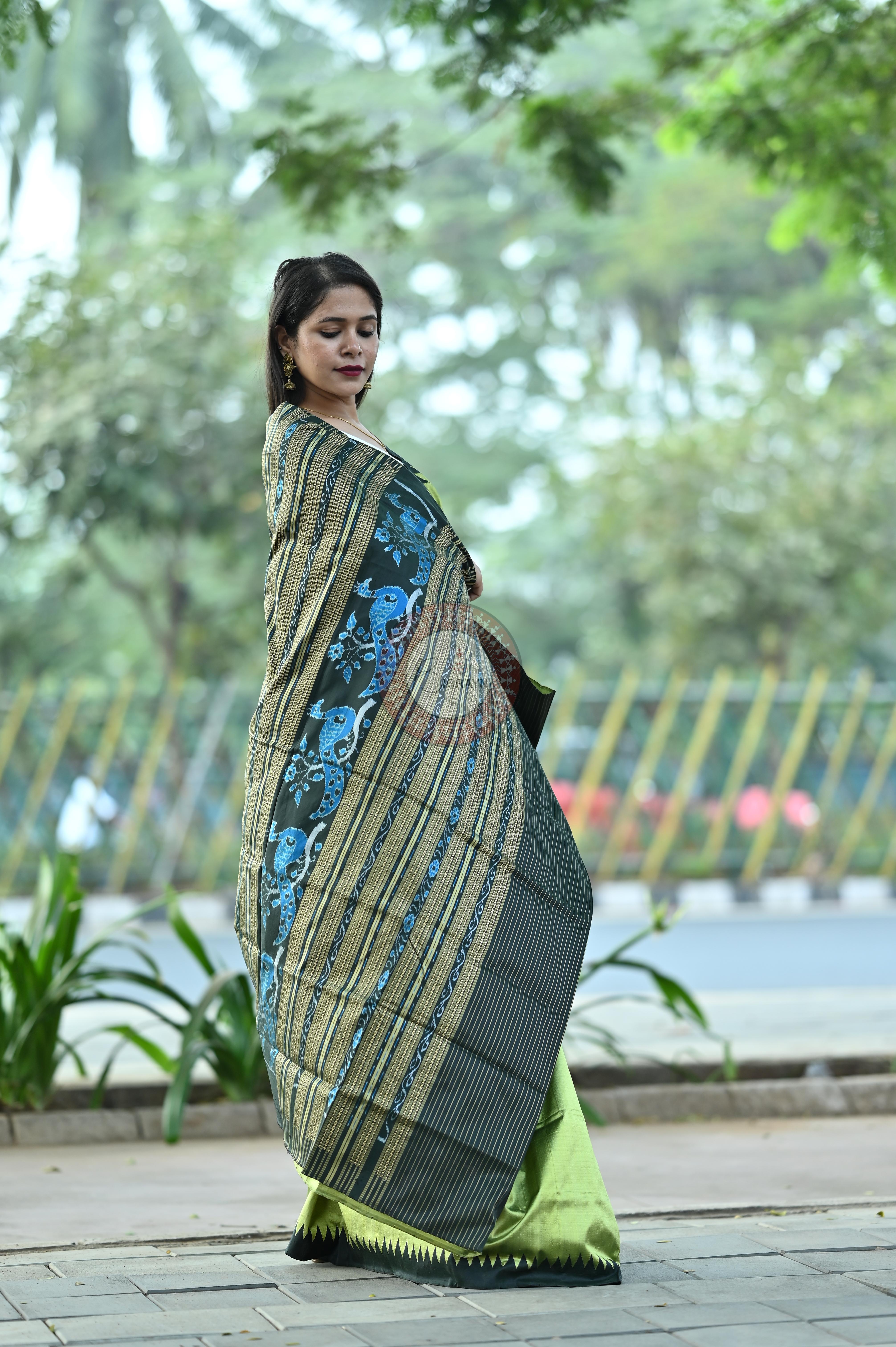 Mehendi Green Black Phoda Kumbha Tussar Saree