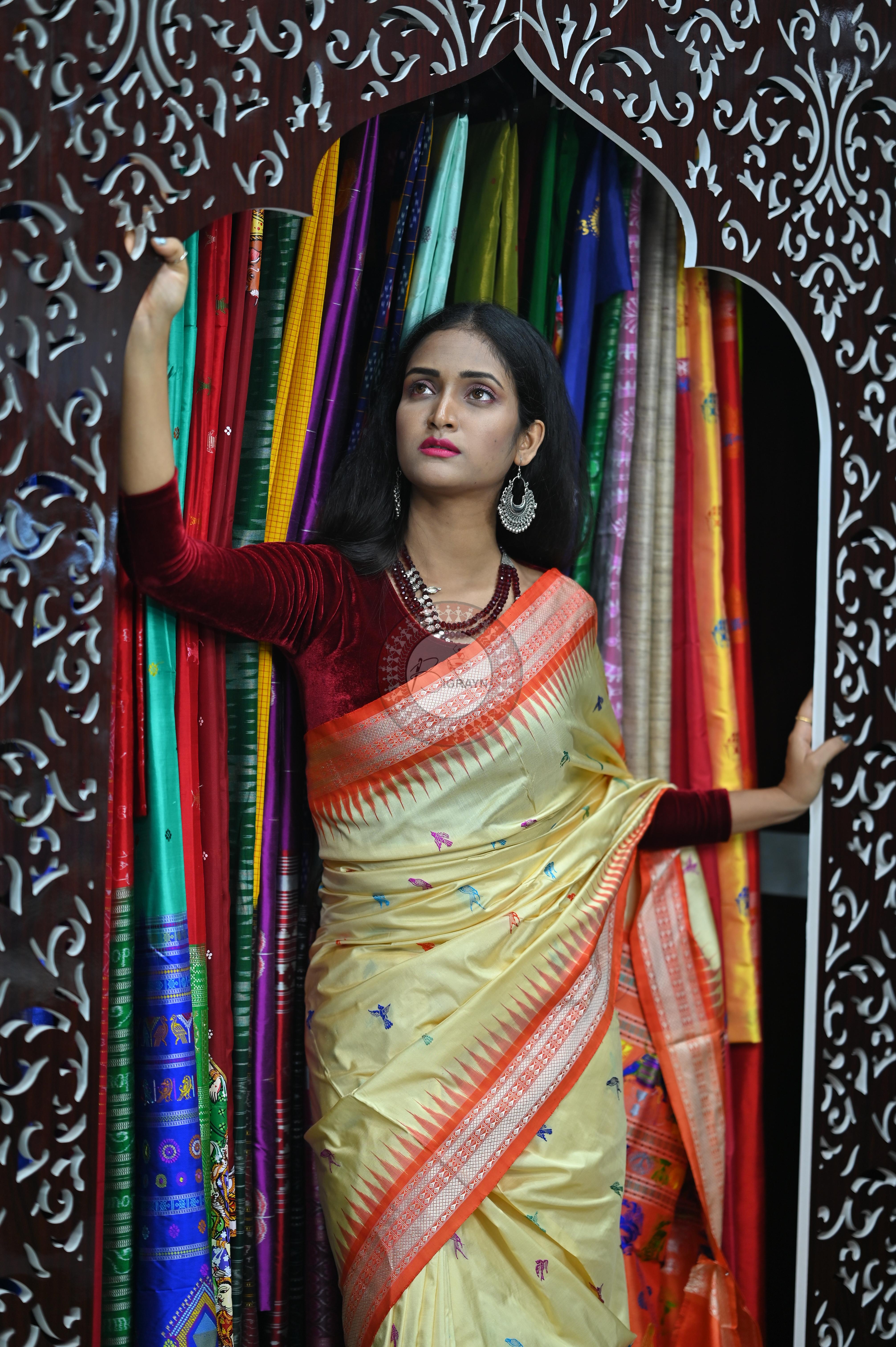 Cream Orange Animal Planet Bomkai Silk Saree