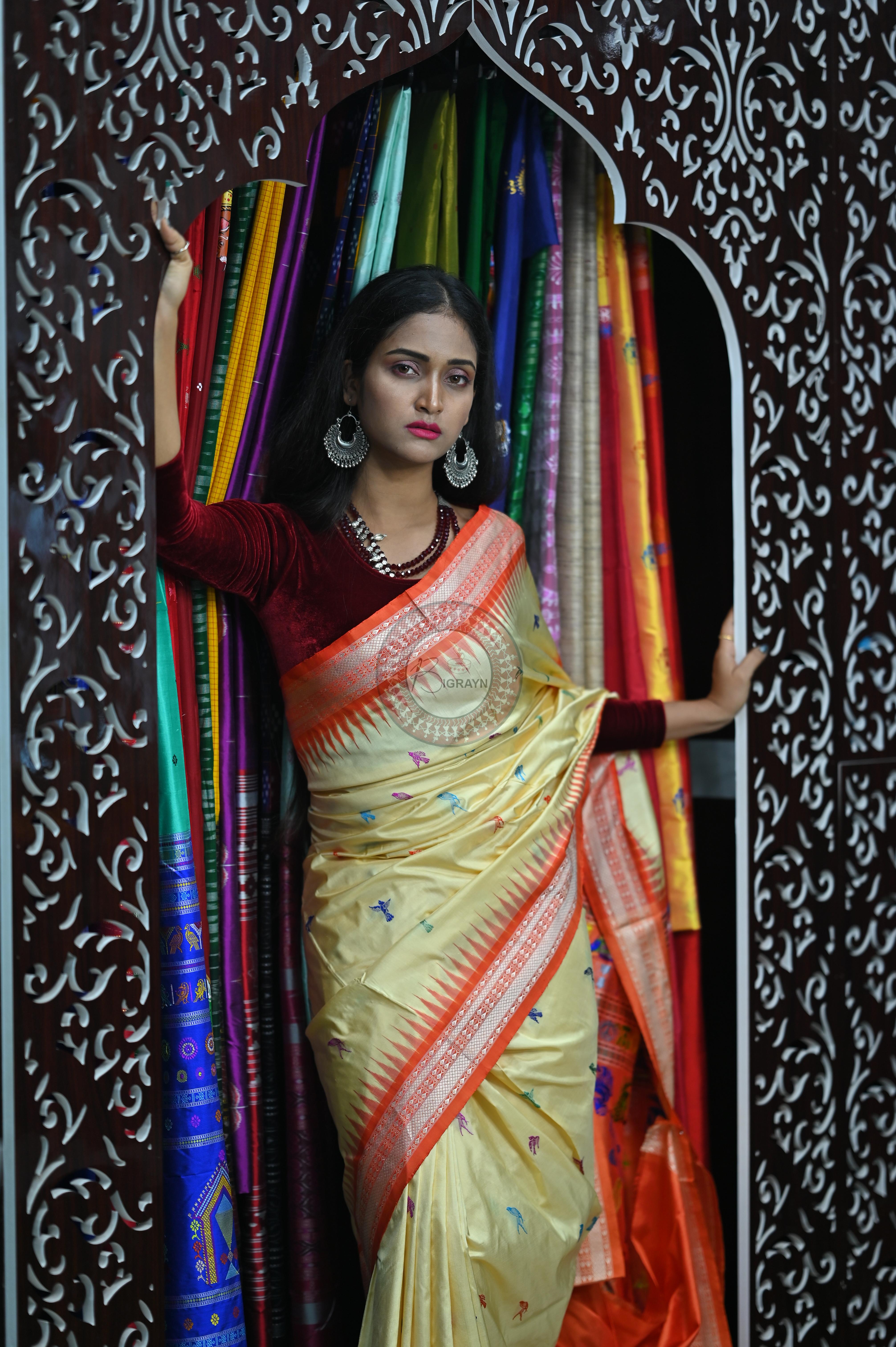 Cream Orange Animal Planet Bomkai Silk Saree