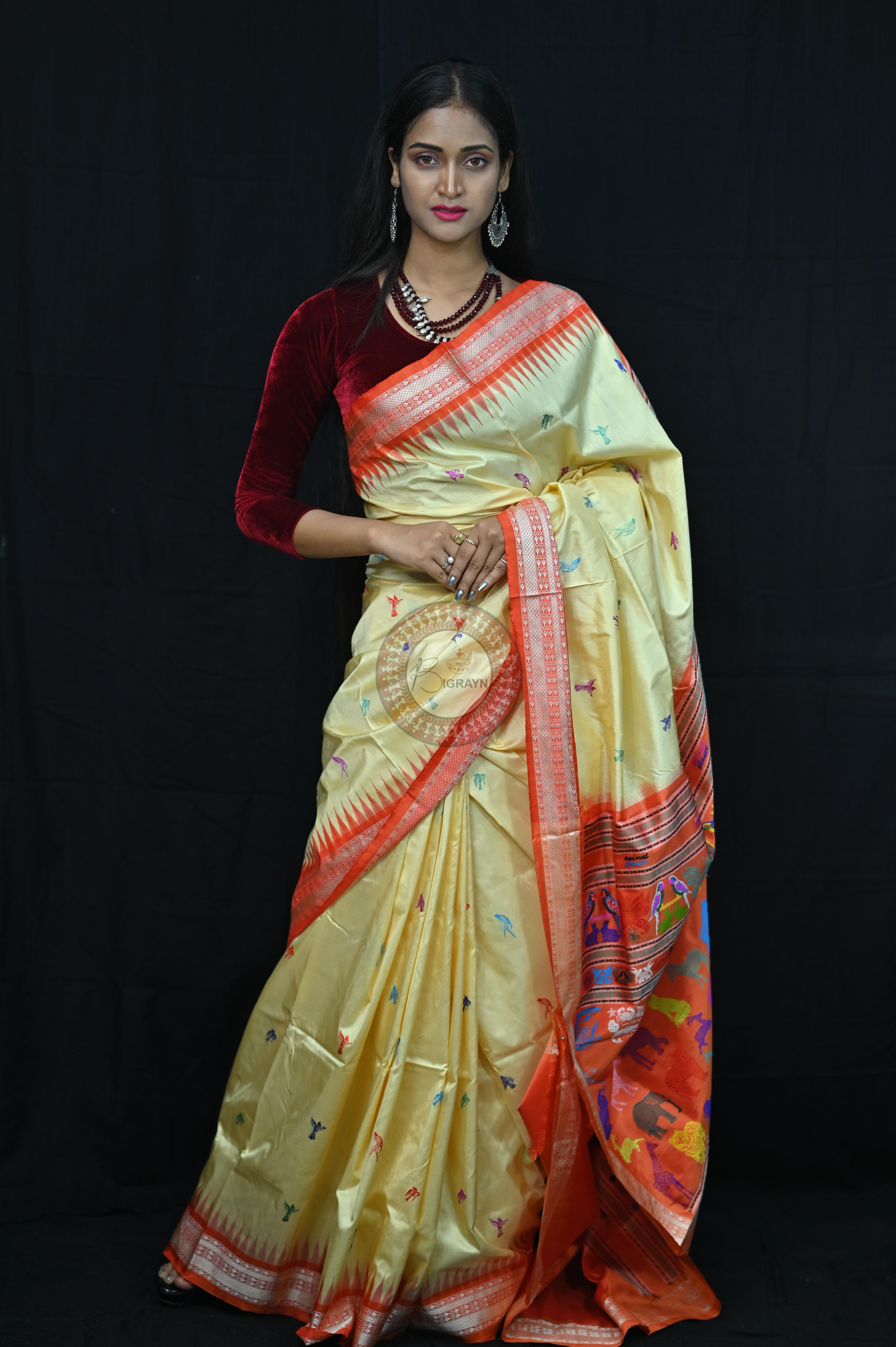 Cream Orange Animal Planet Bomkai Silk Saree