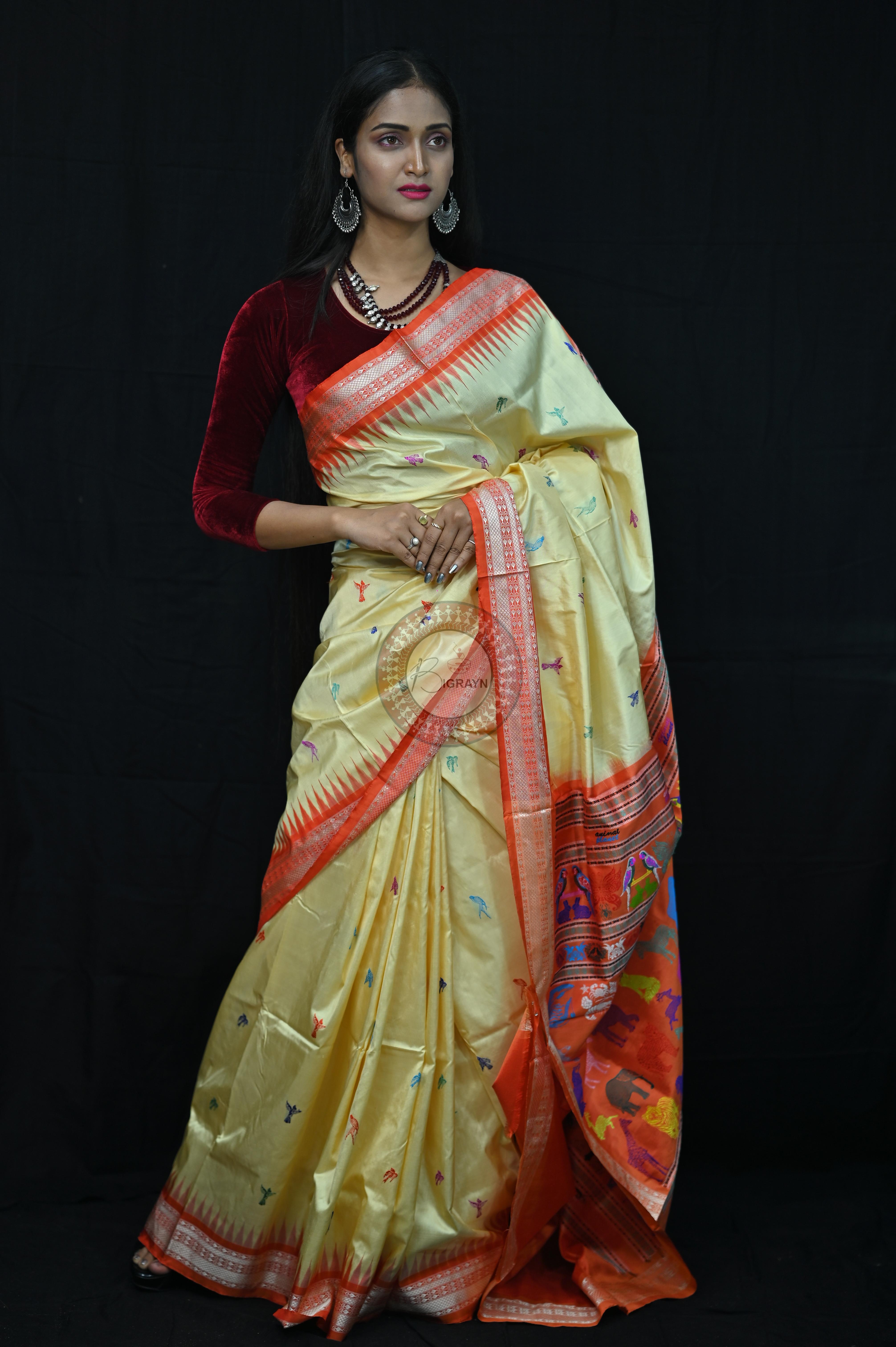 Cream Orange Animal Planet Bomkai Silk Saree