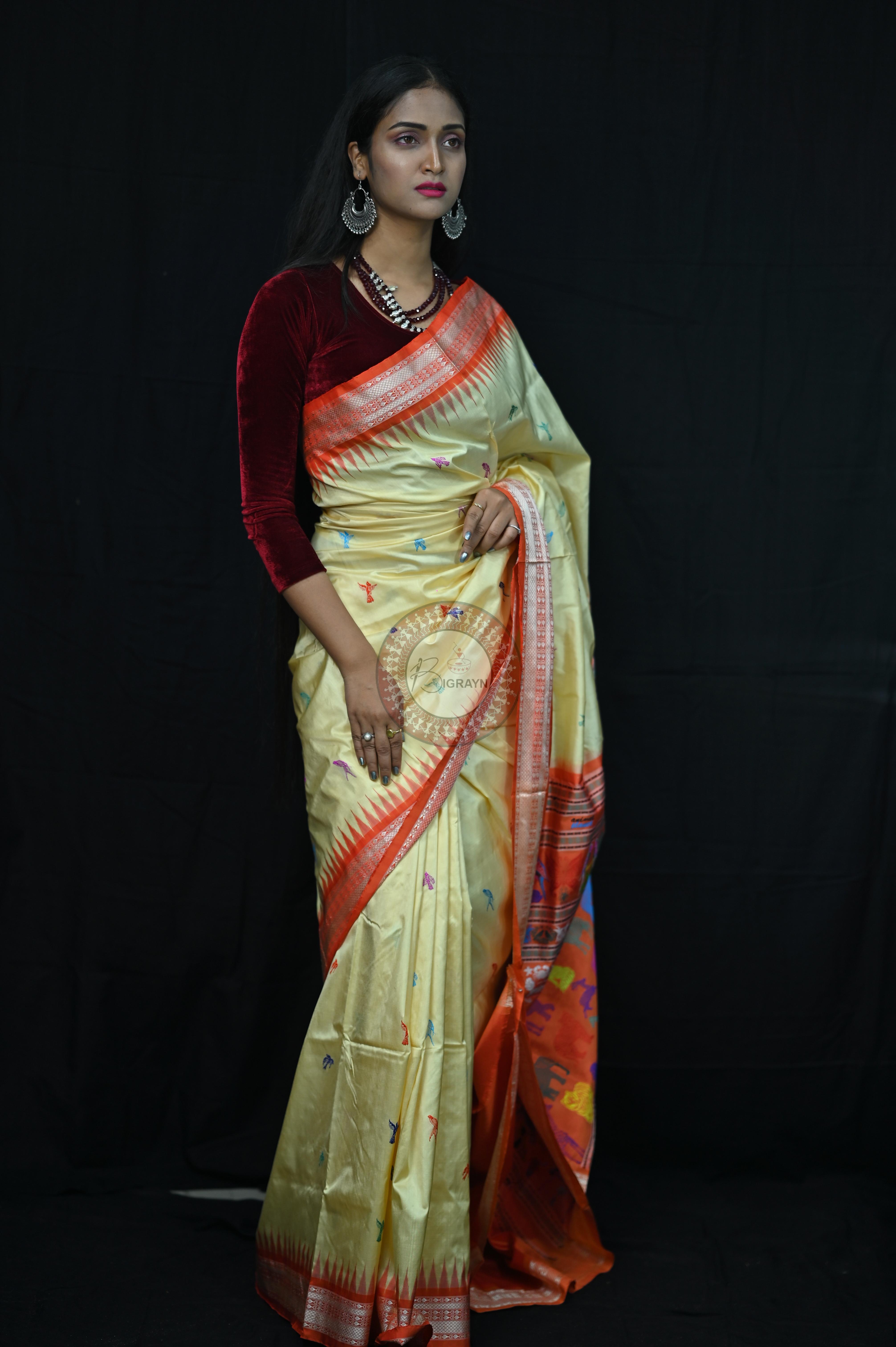 Cream Orange Animal Planet Bomkai Silk Saree