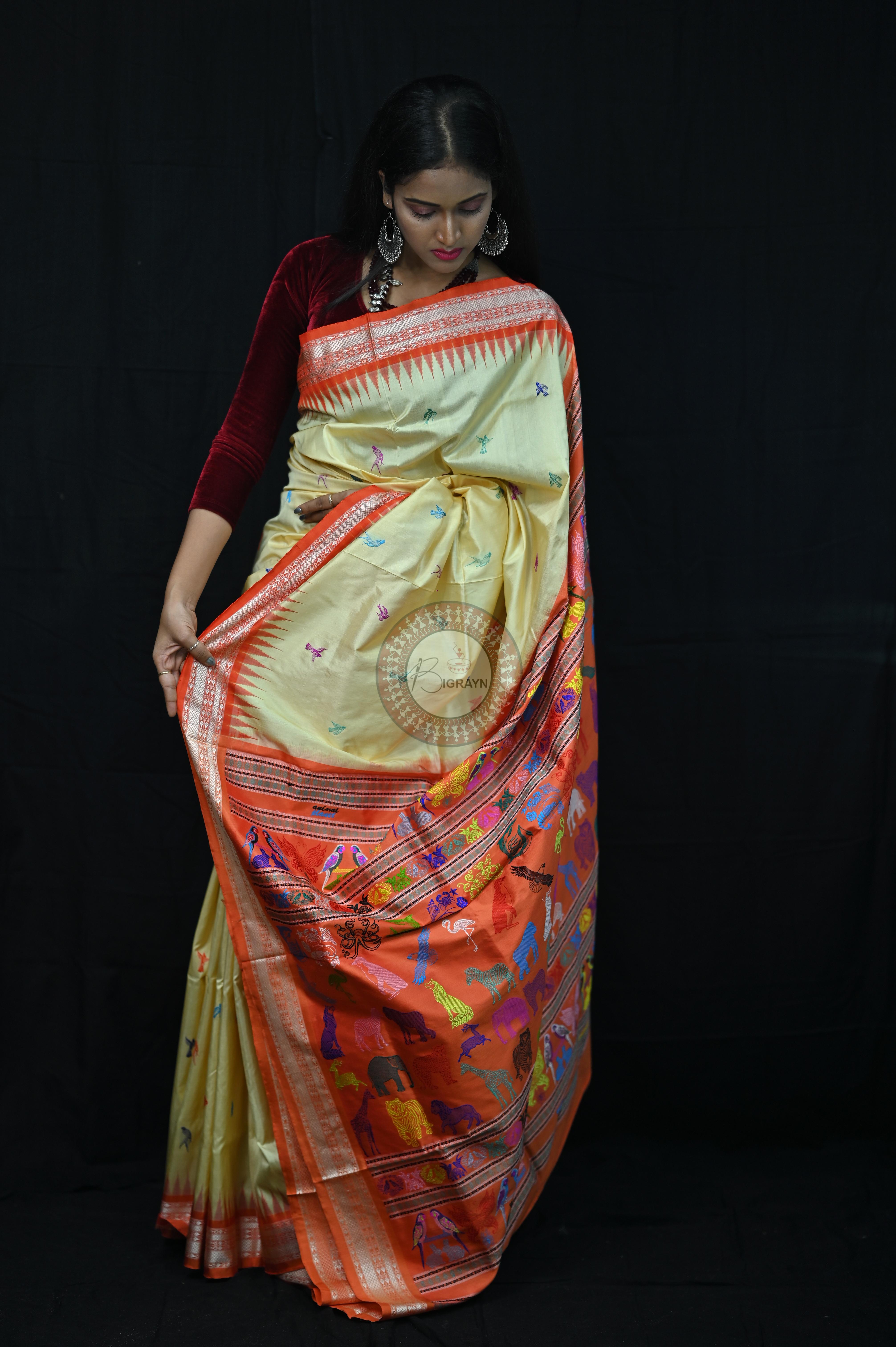 Cream Orange Animal Planet Bomkai Silk Saree