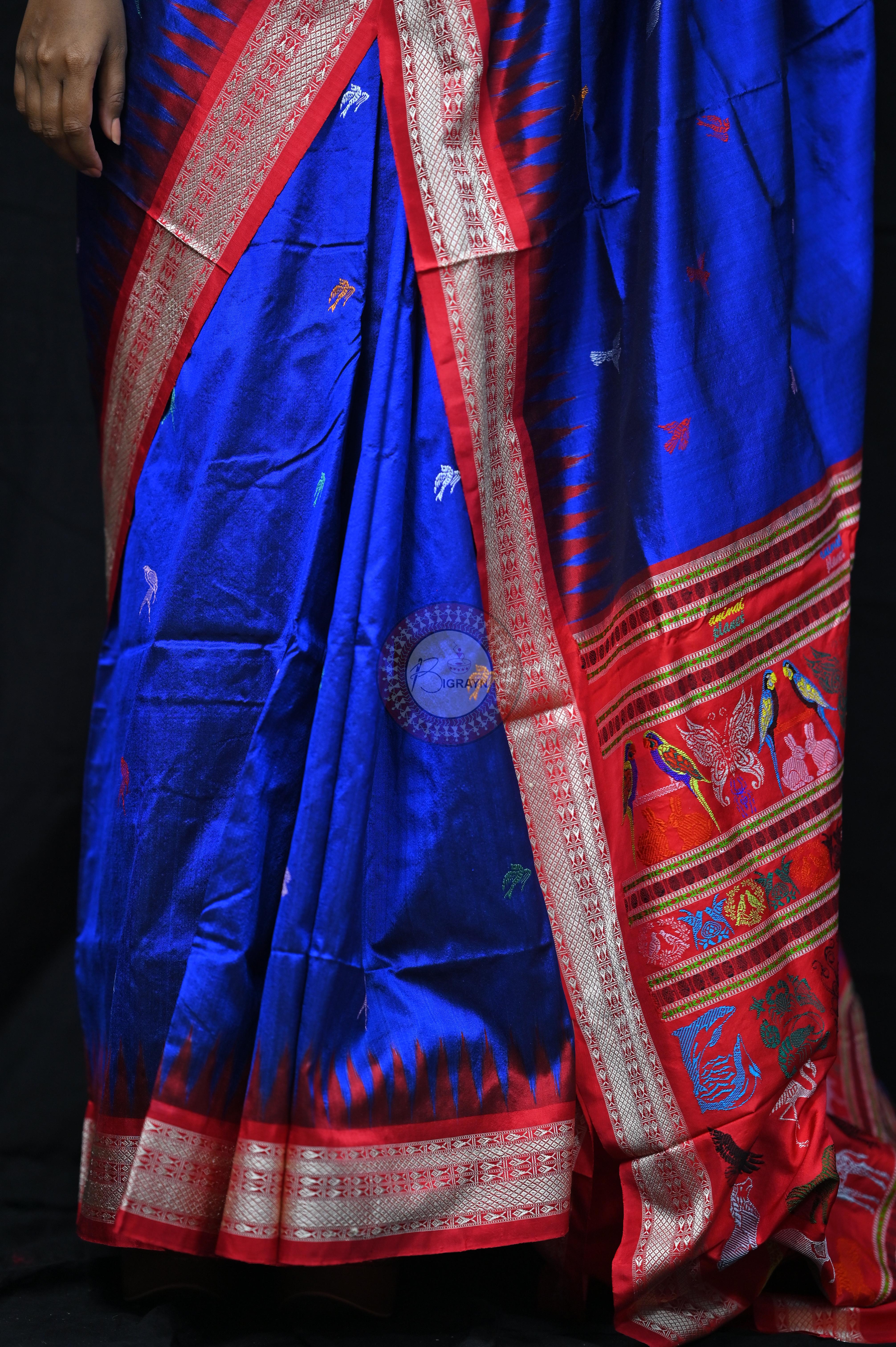 Blue Red Animal Planet Bomkai Silk Saree