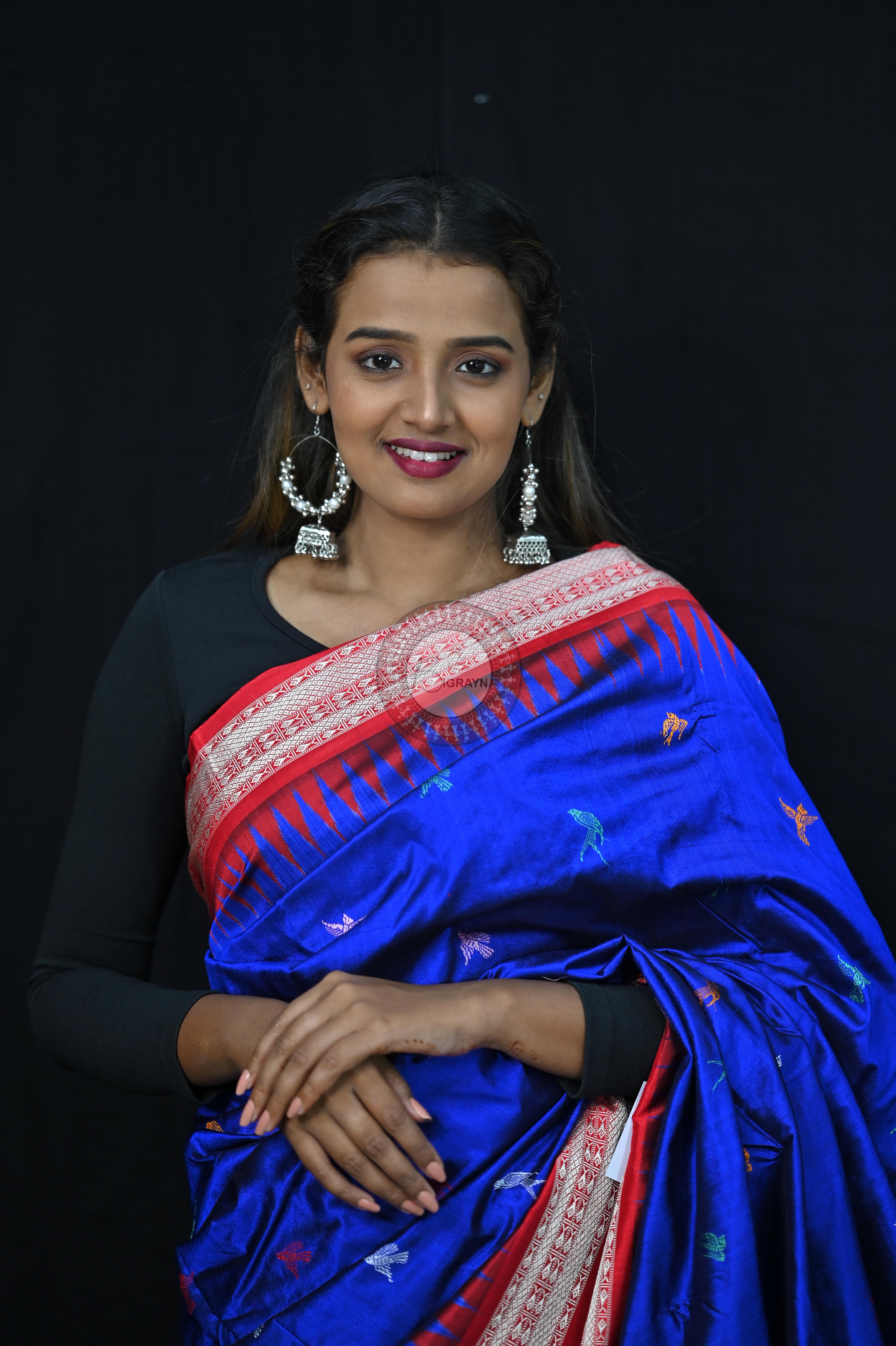 Blue Red Animal Planet Bomkai Silk Saree