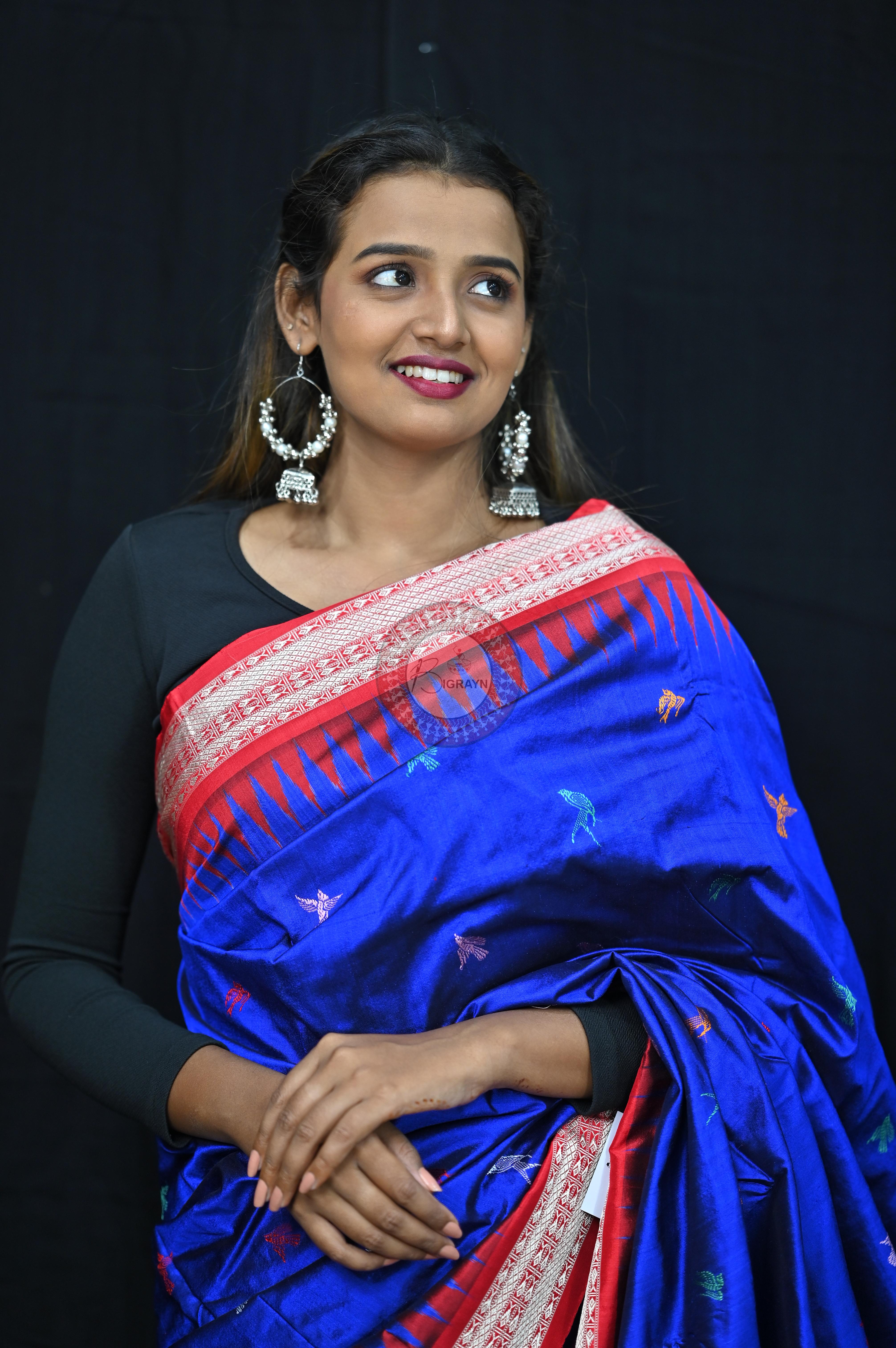 Blue Red Animal Planet Bomkai Silk Saree