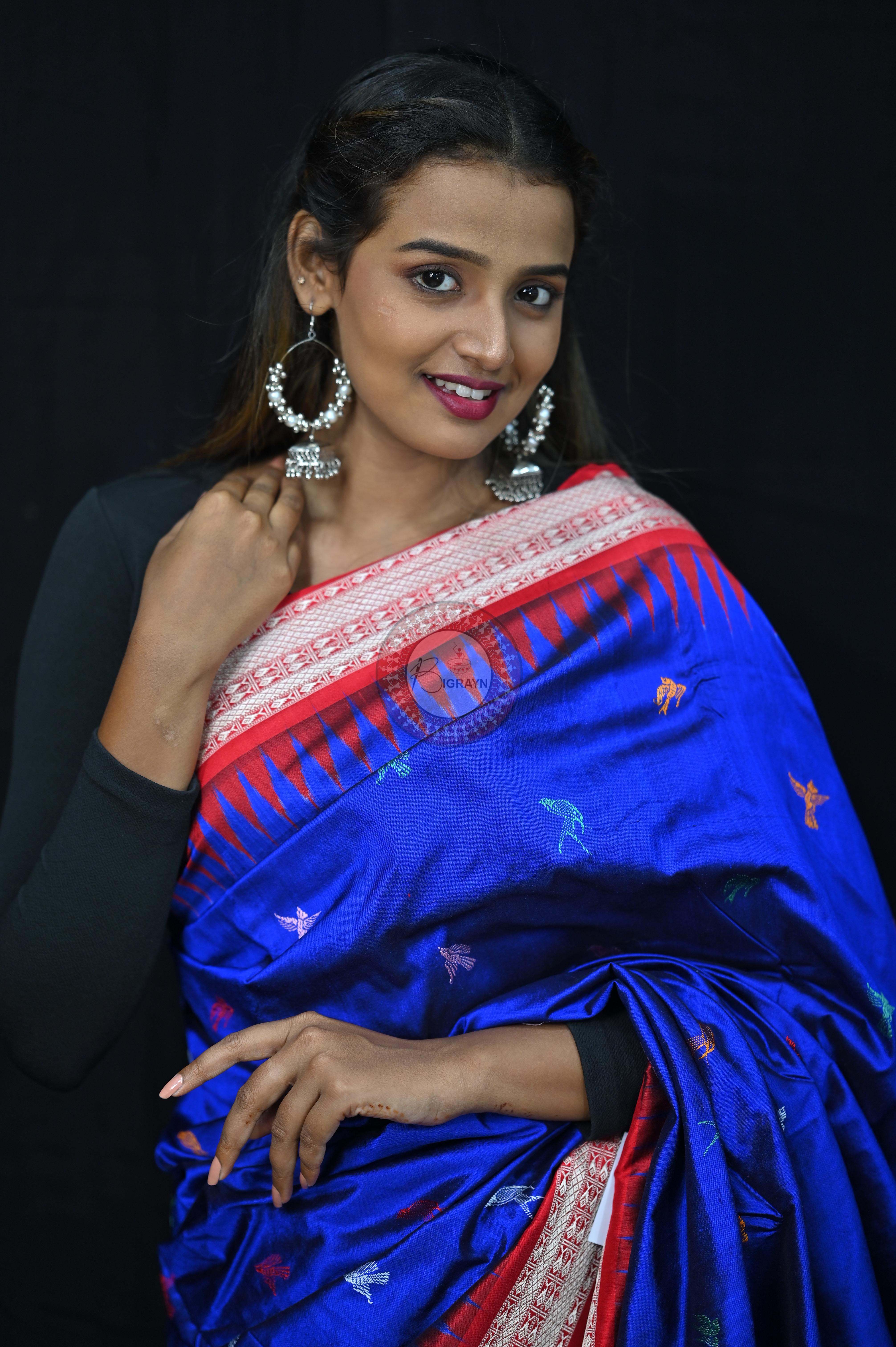 Blue Red Animal Planet Bomkai Silk Saree