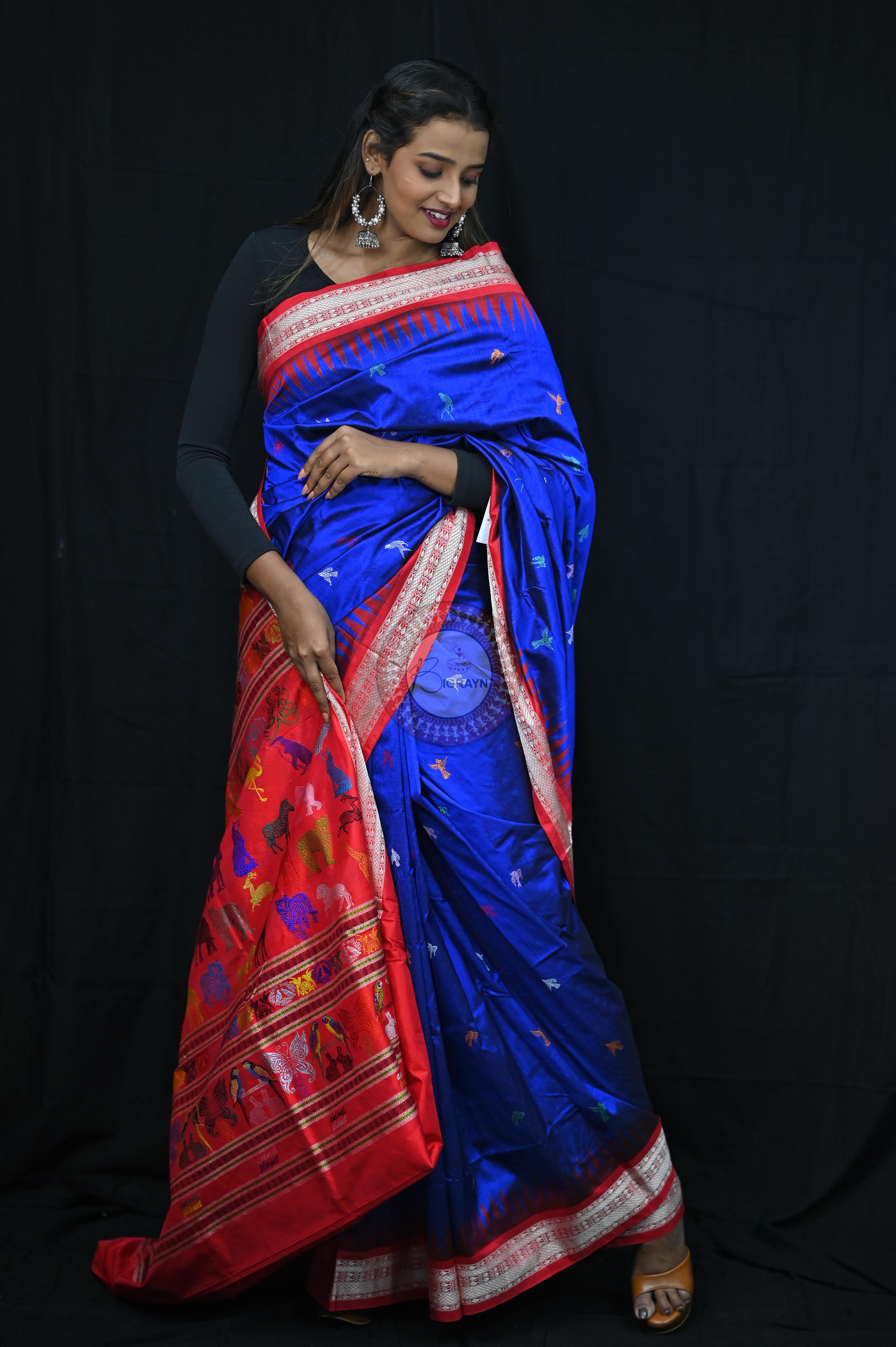 Blue Red Animal Planet Bomkai Silk Saree