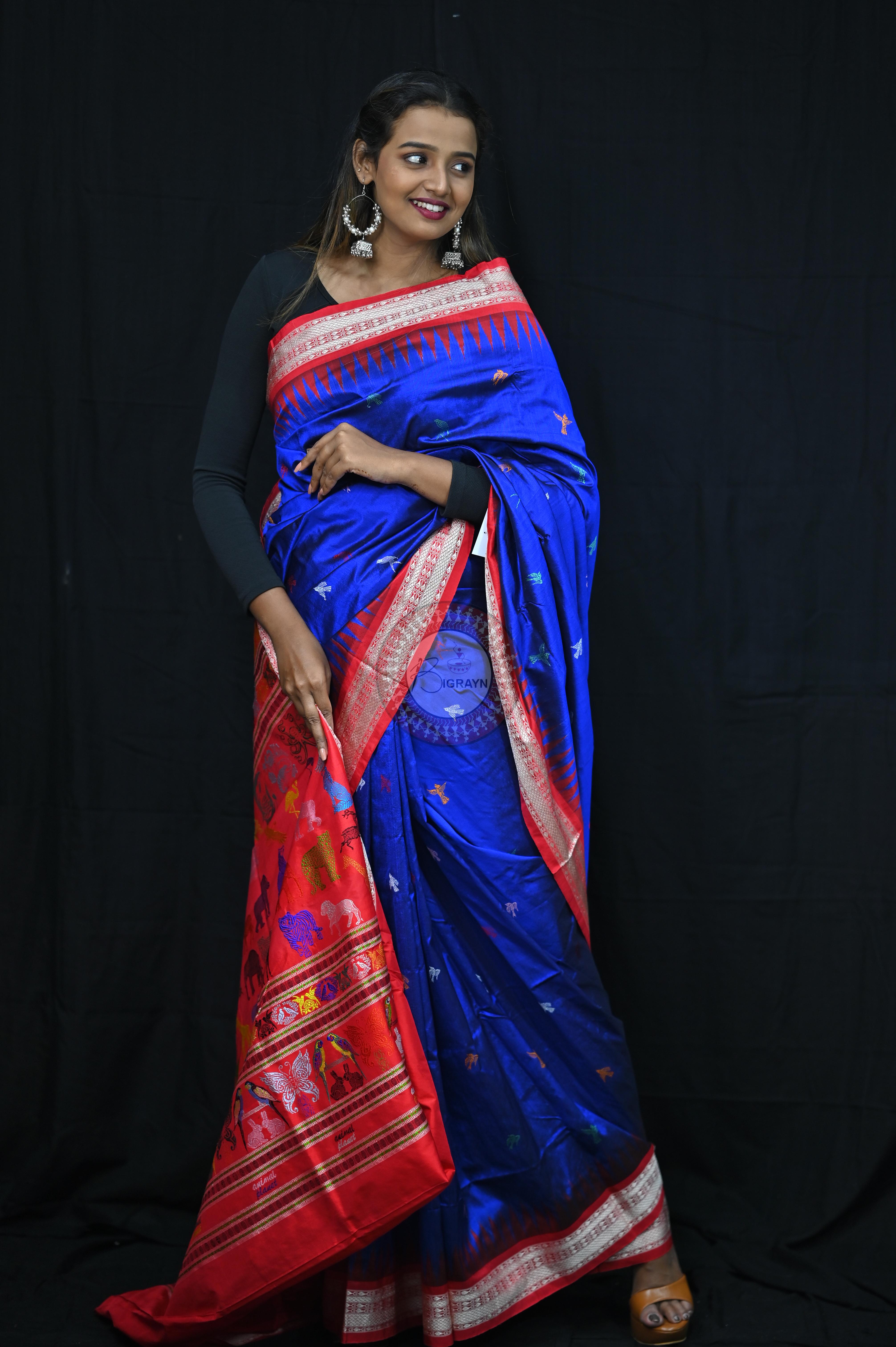 Blue Red Animal Planet Bomkai Silk Saree
