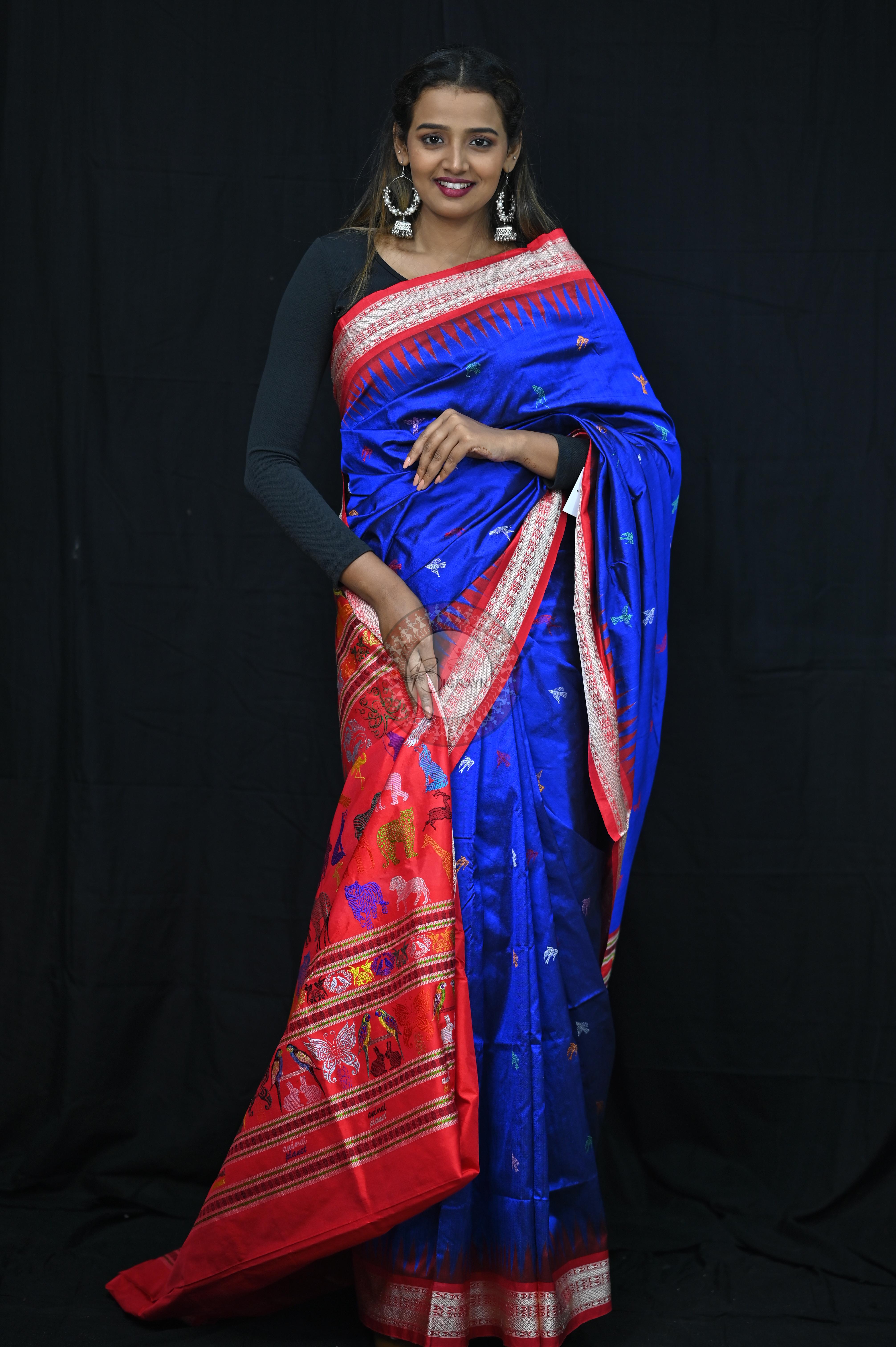 Blue Red Animal Planet Bomkai Silk Saree