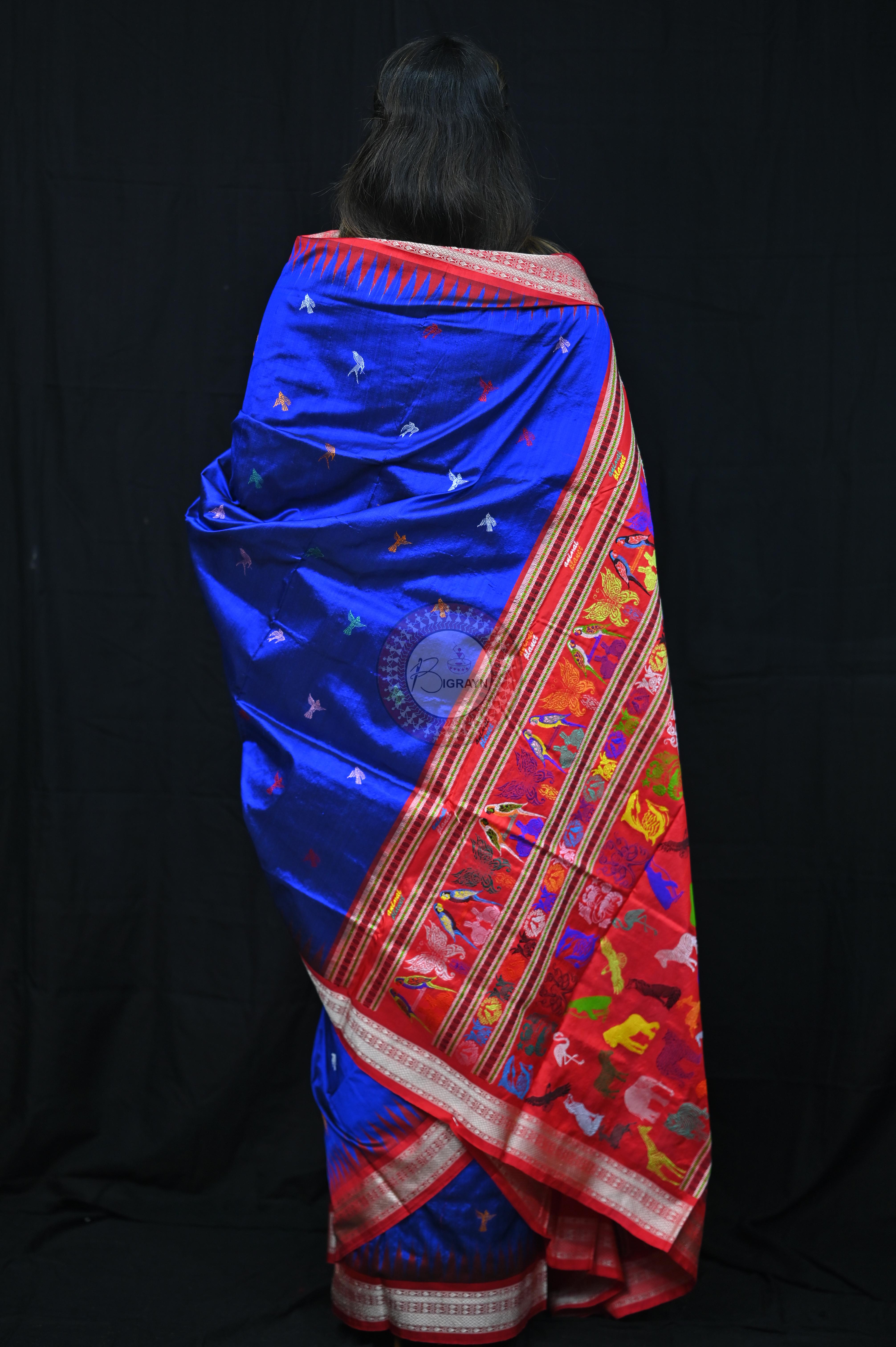 Blue Red Animal Planet Bomkai Silk Saree