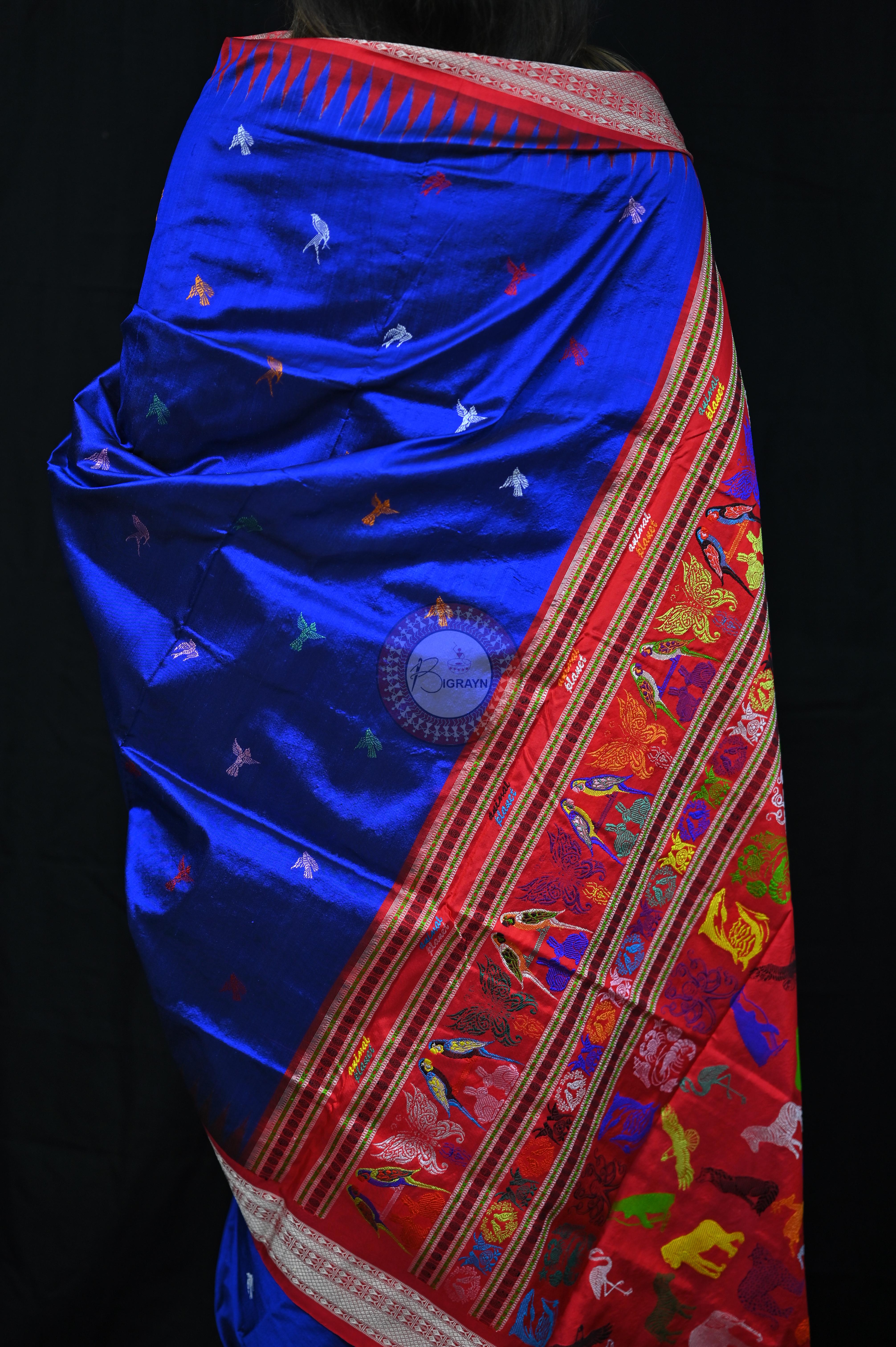 Blue Red Animal Planet Bomkai Silk Saree