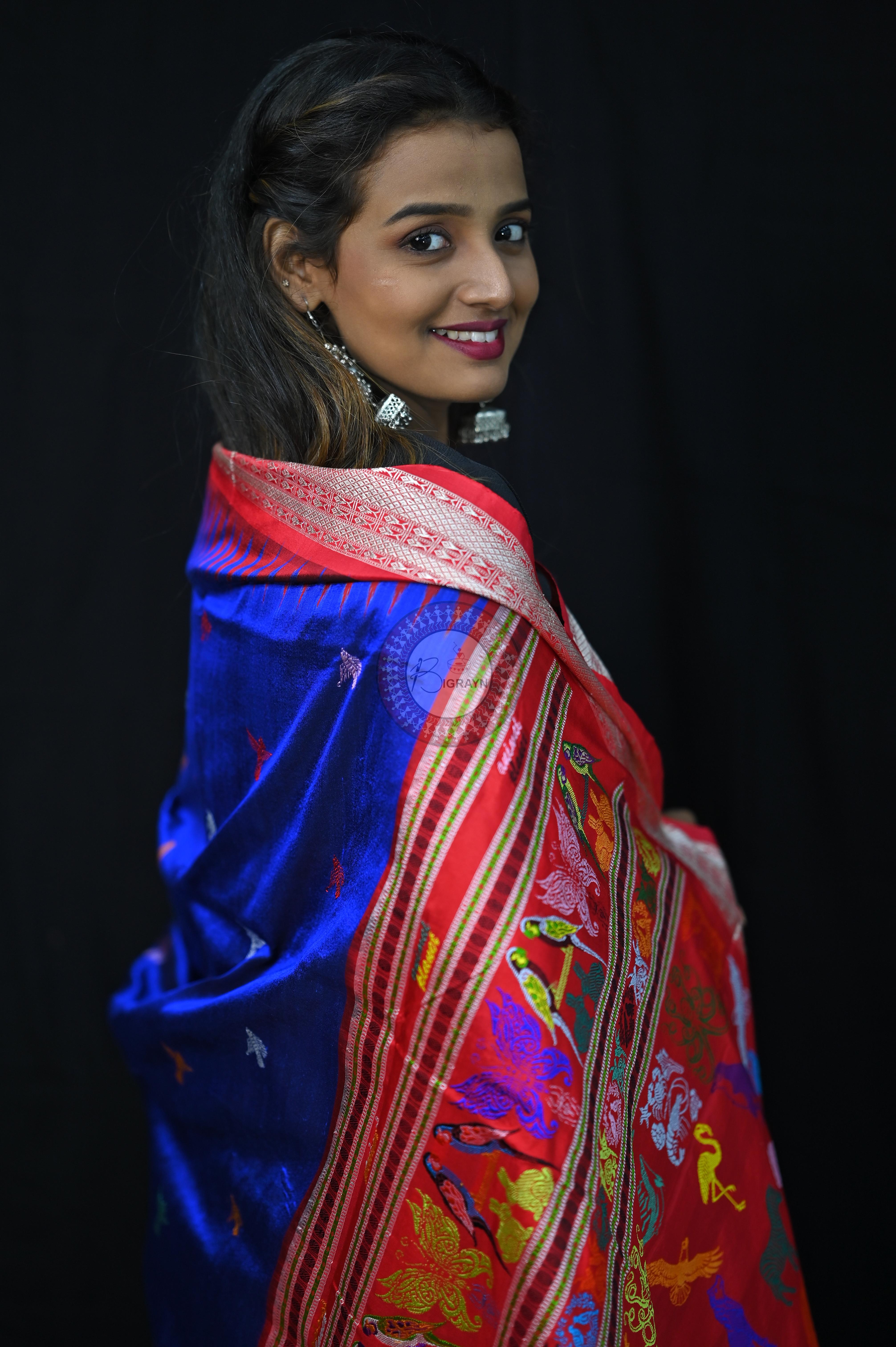 Blue Red Animal Planet Bomkai Silk Saree