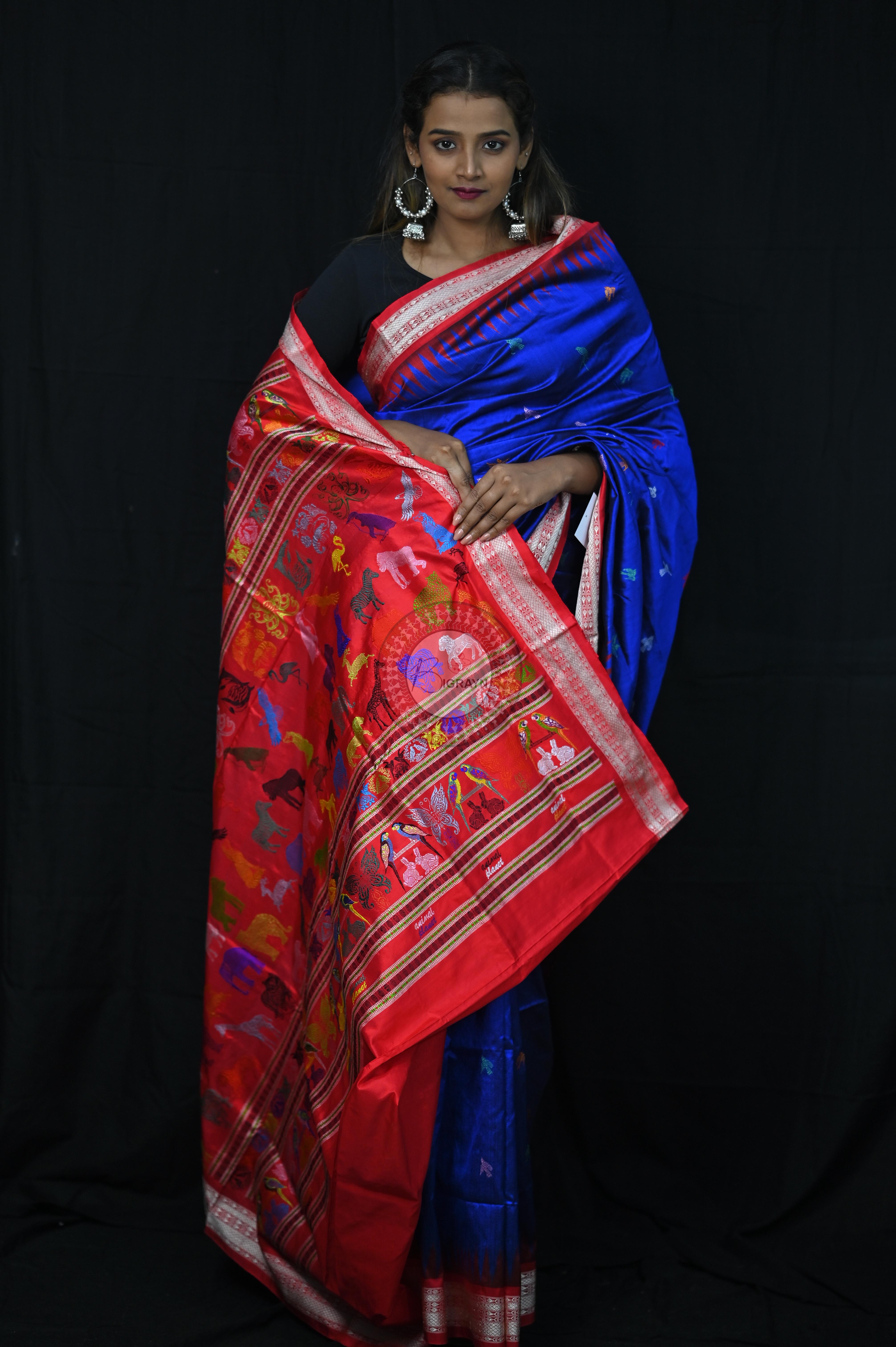 Blue Red Animal Planet Bomkai Silk Saree