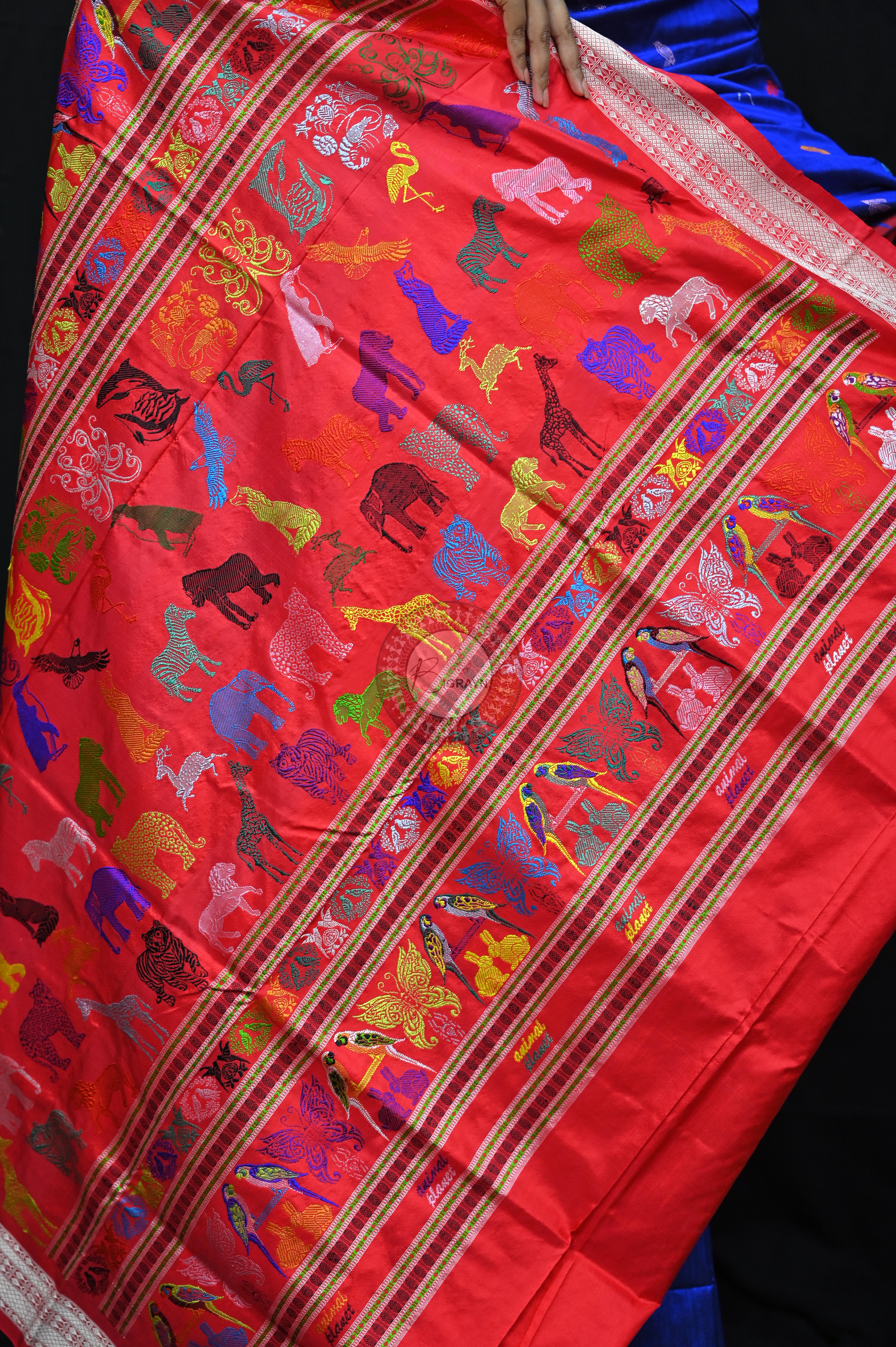Blue Red Animal Planet Bomkai Silk Saree