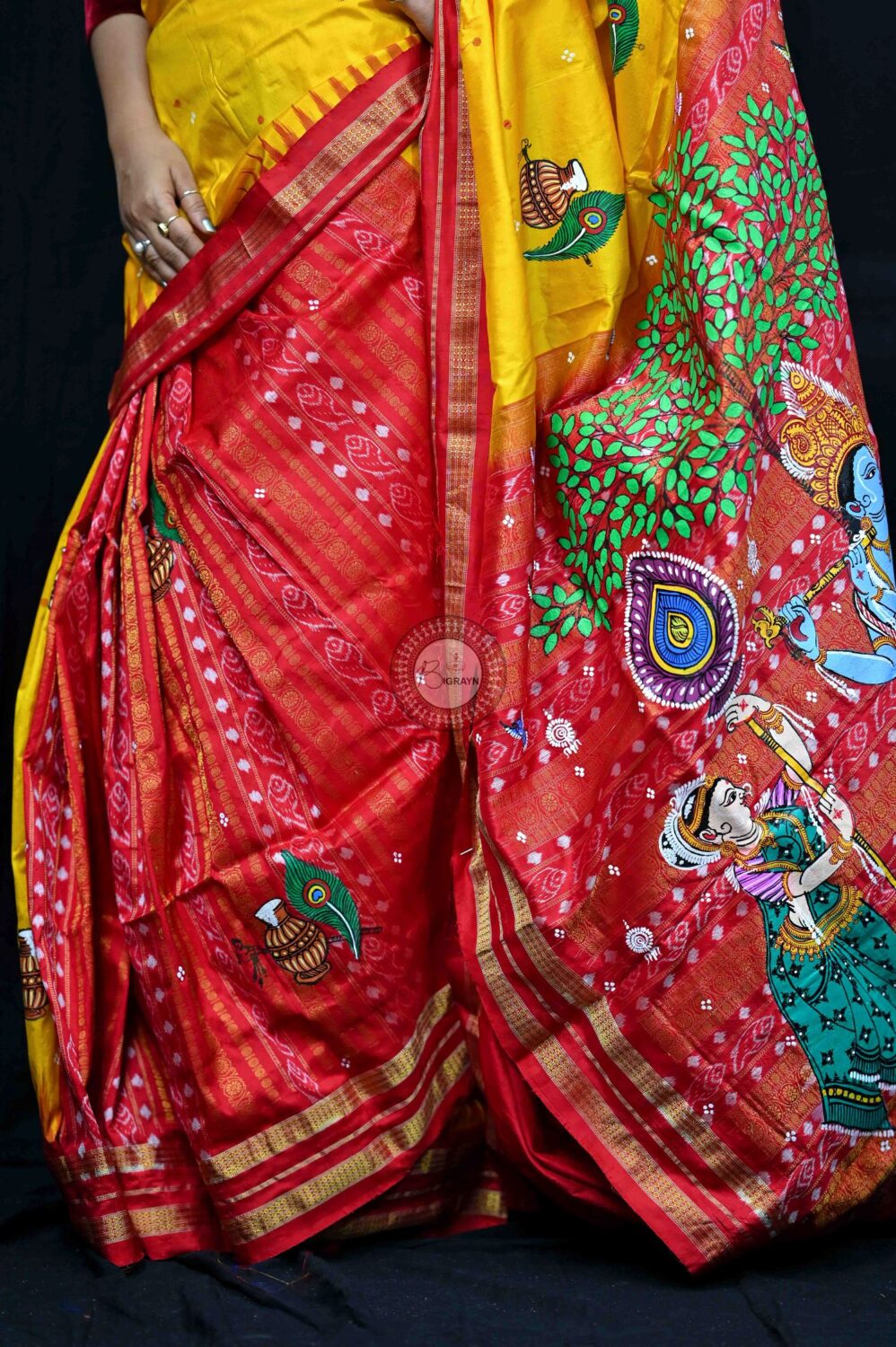 Yellow Red Radha Krishna Theme Pattachitra Silk Saree